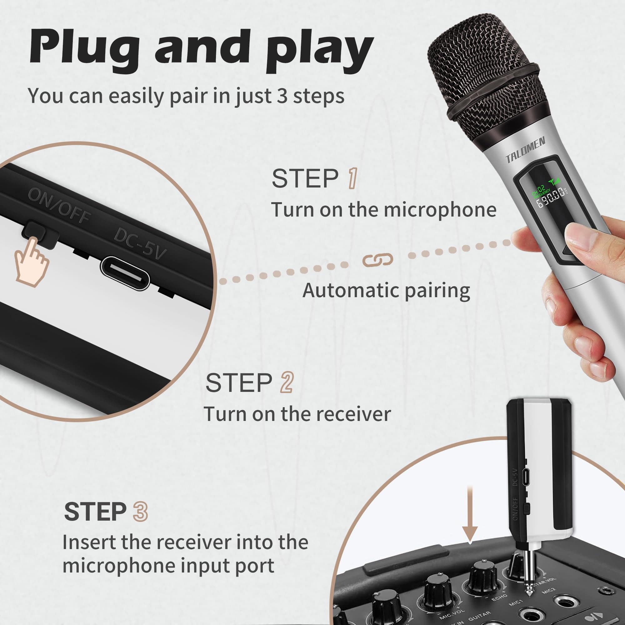 Micrófono inalámbrico Talomen, Micrófono recargable para - Imagen 8