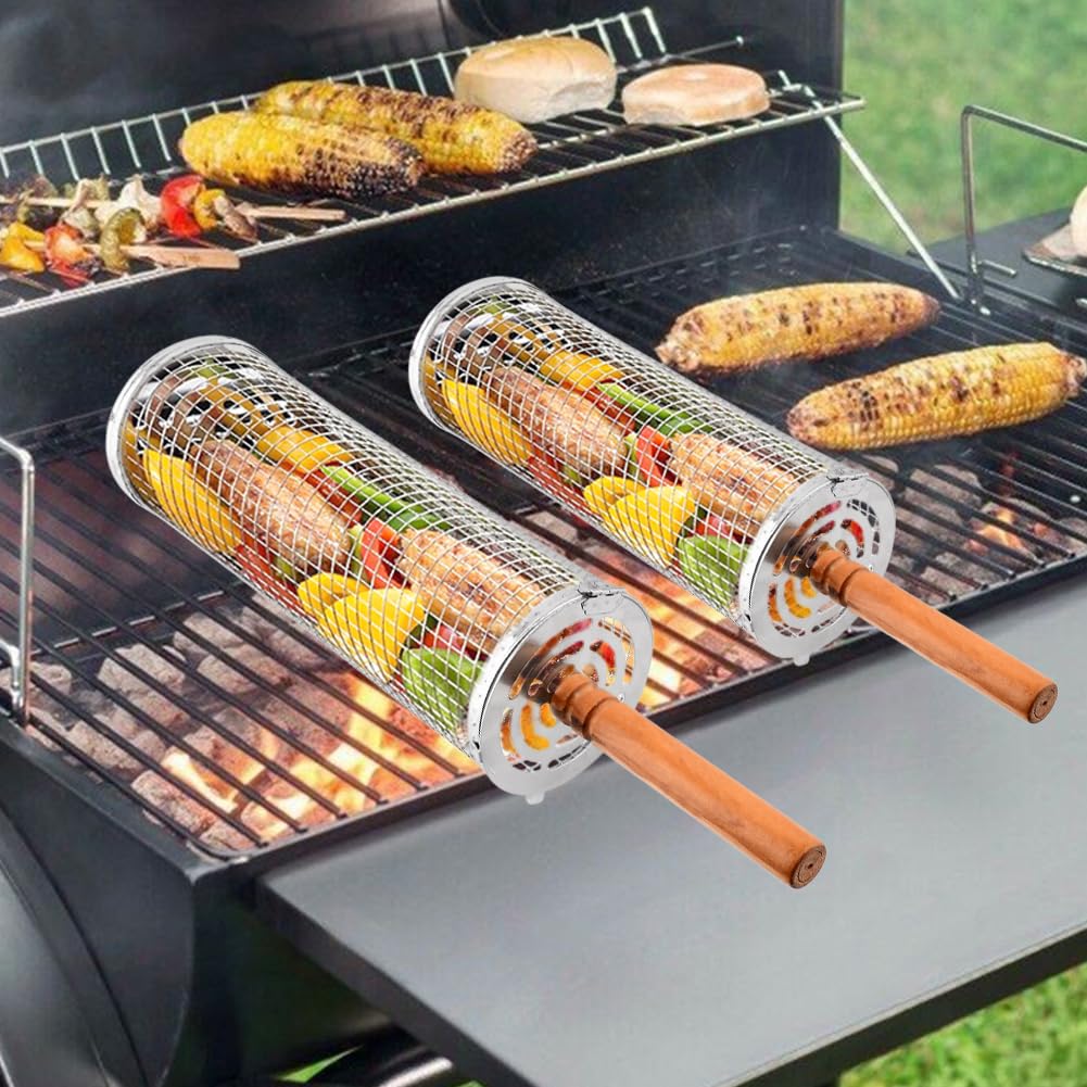 Set de 2 Canastas de Parrilla Giratorias con Asas de Madera - Imagen 4