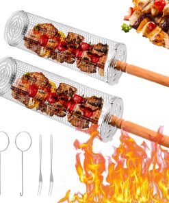 Set de 2 Canastas de Parrilla Giratorias con Asas de Madera