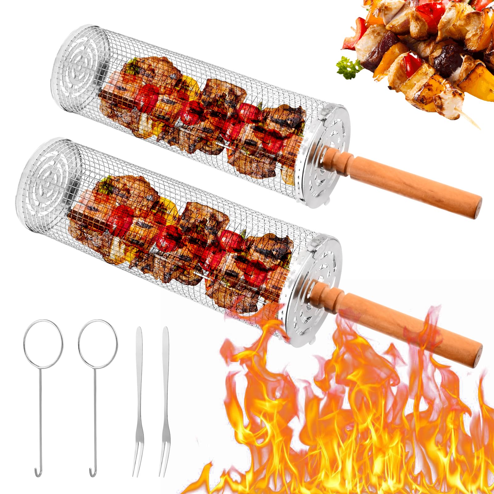 Set de 2 Canastas de Parrilla Giratorias con Asas de Madera