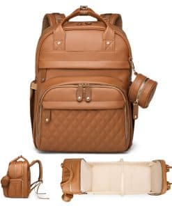 Mochila de pañales de cuero ANWTOTU con estación de cambio,