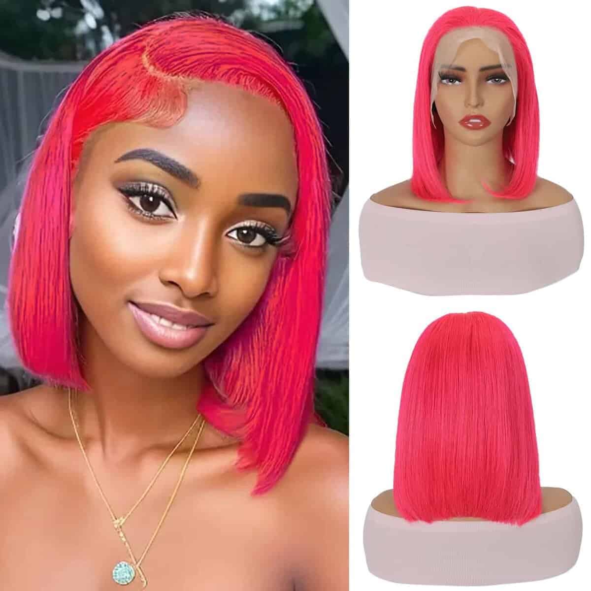 YOUFA Peluca de Bob Corto de Encaje Frontal Rosa Pre