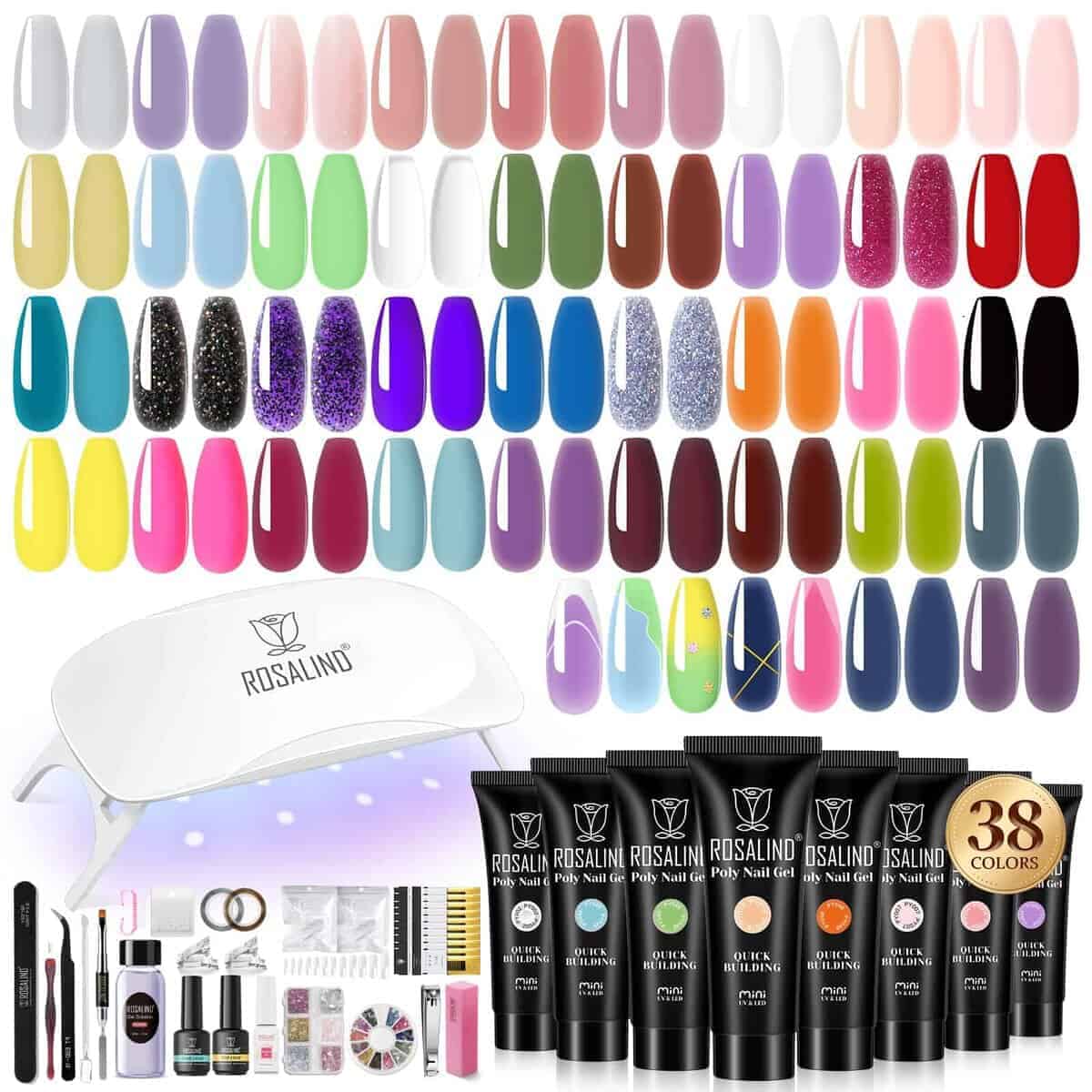 Kit de 38 piezas ROSALIND Poly Nail Gel con Mini lámpara de