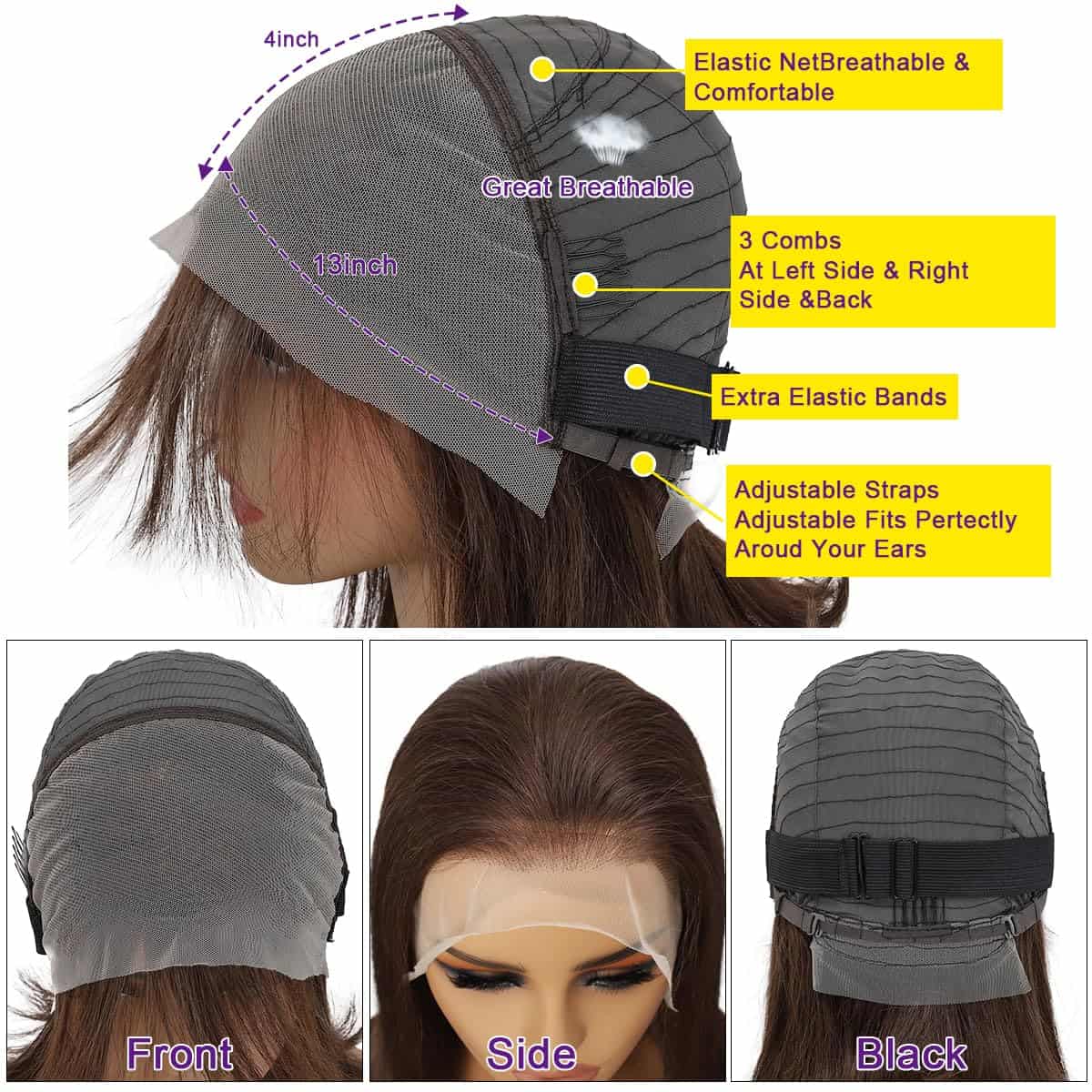 YOUFA Peluca de Cabello Humano Lace Front de Bob en Marrón - Imagen 5