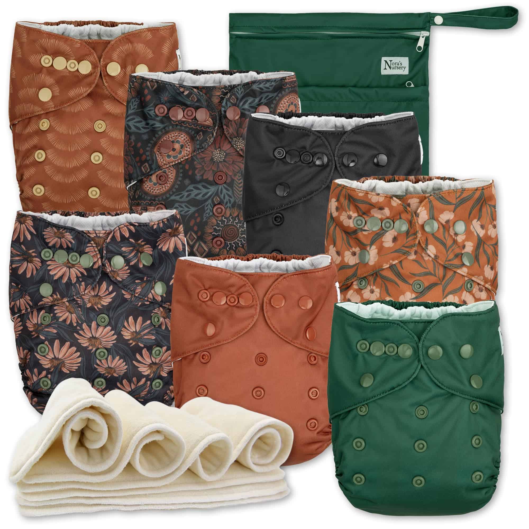 Pañales de tela Nora's Nursery 7 Pack con 1 Bolsa Húmeda -
