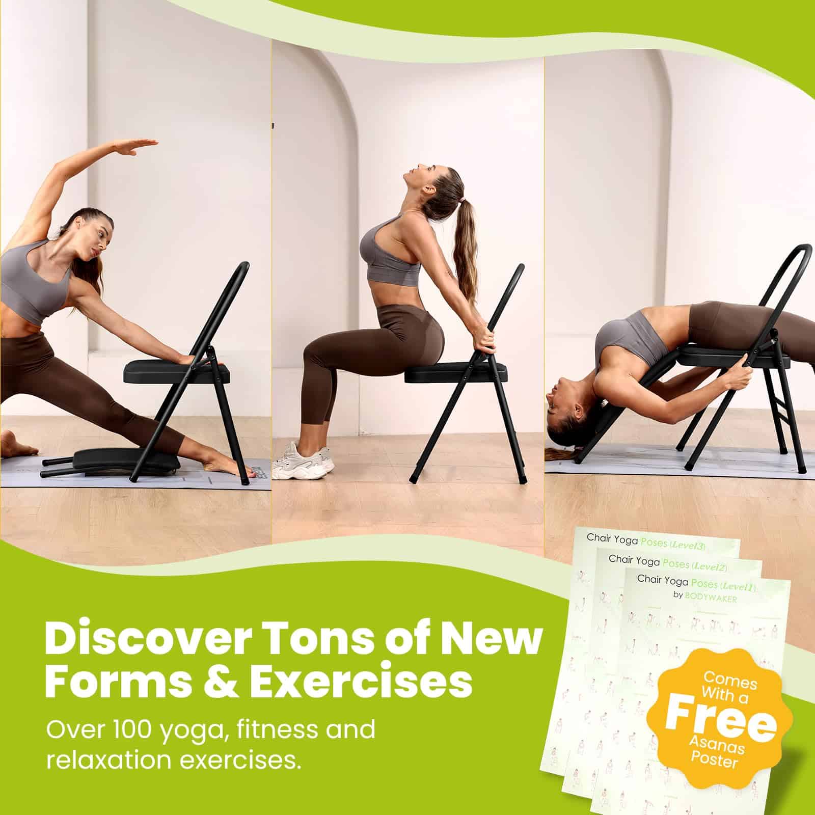 Silla Auxiliar de Yoga Plegable con 3 Carteles de Guía de - Imagen 6