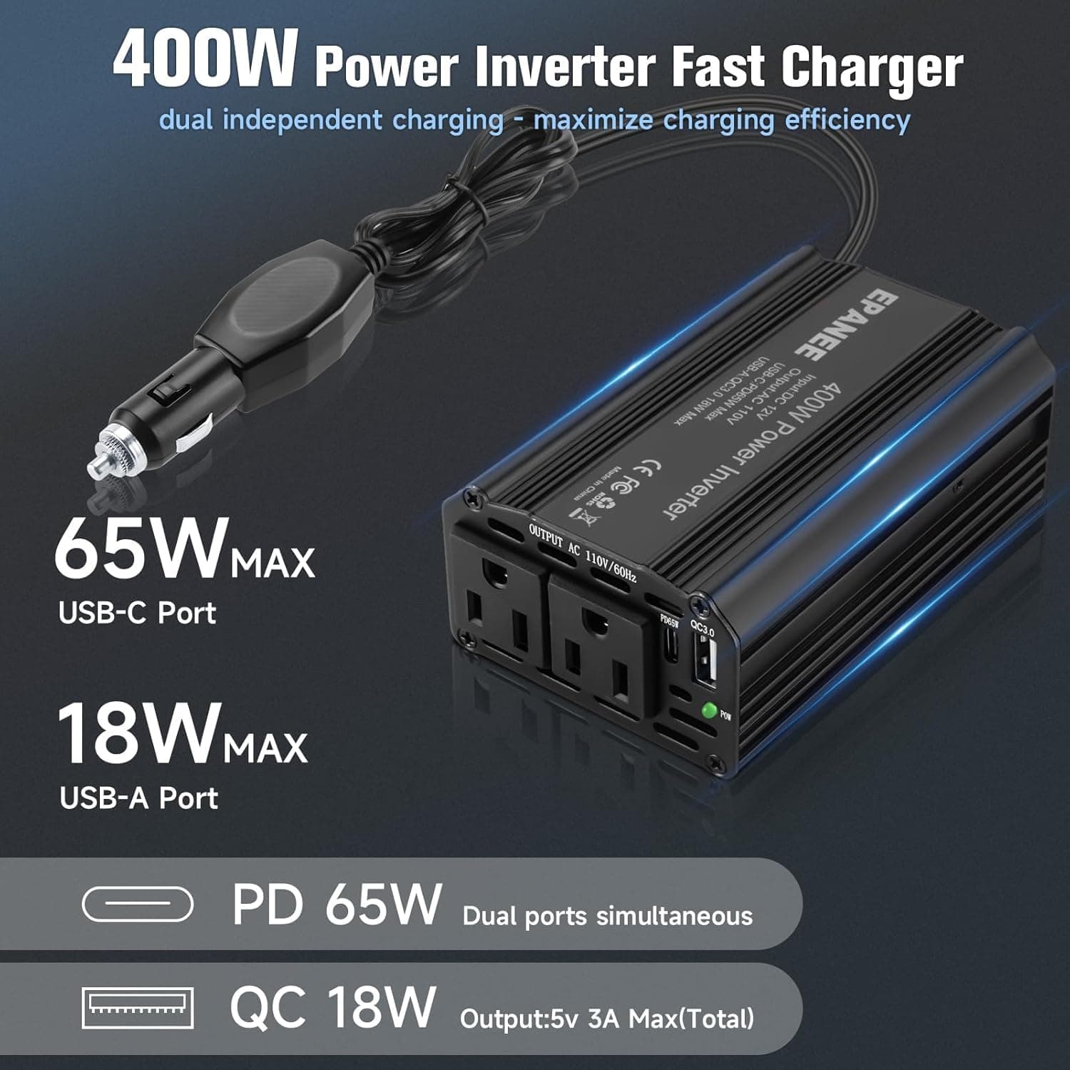 Inversor de corriente de 400W 12V DC a 110V -Negro - Imagen 3