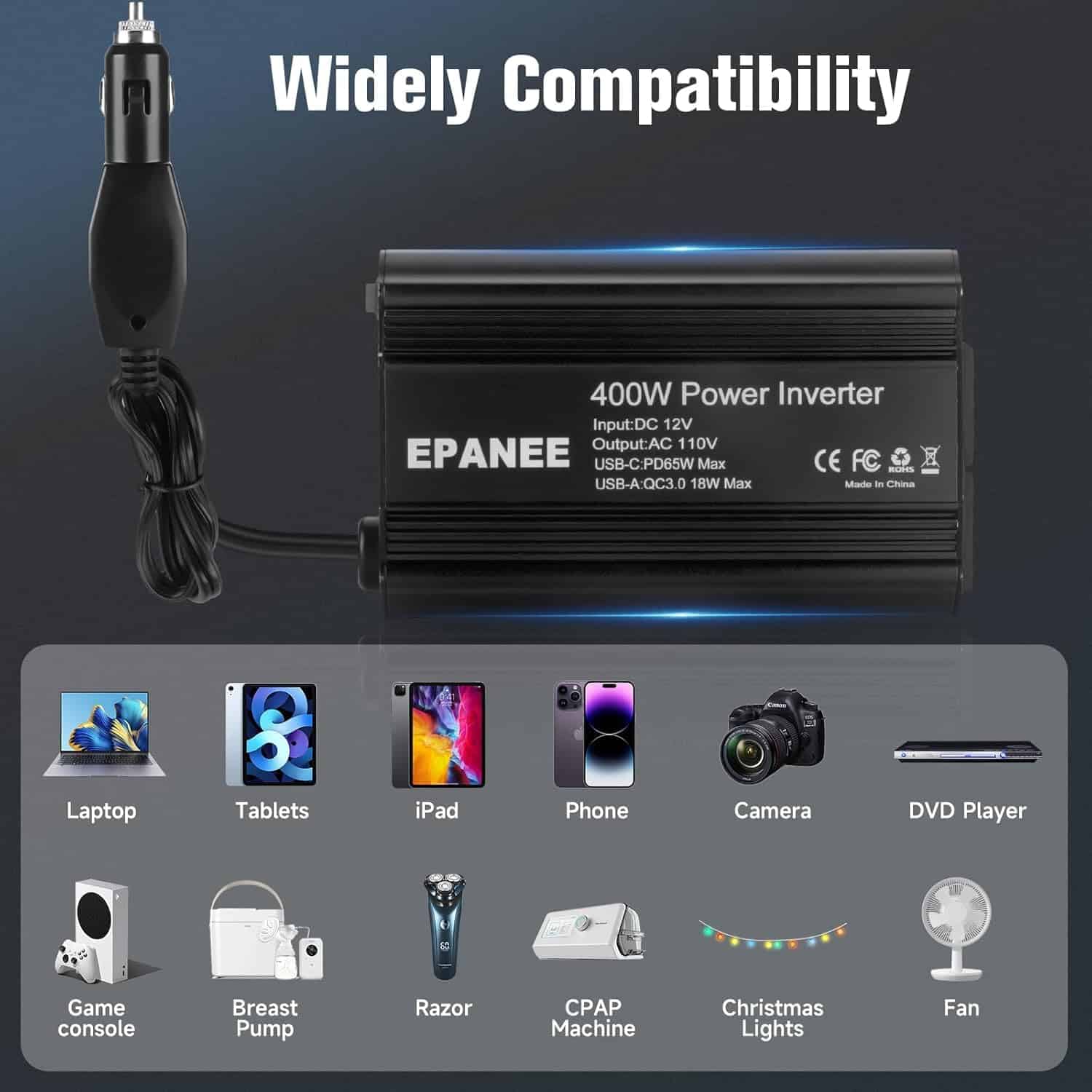 Inversor de corriente de 400W 12V DC a 110V -Negro - Imagen 8