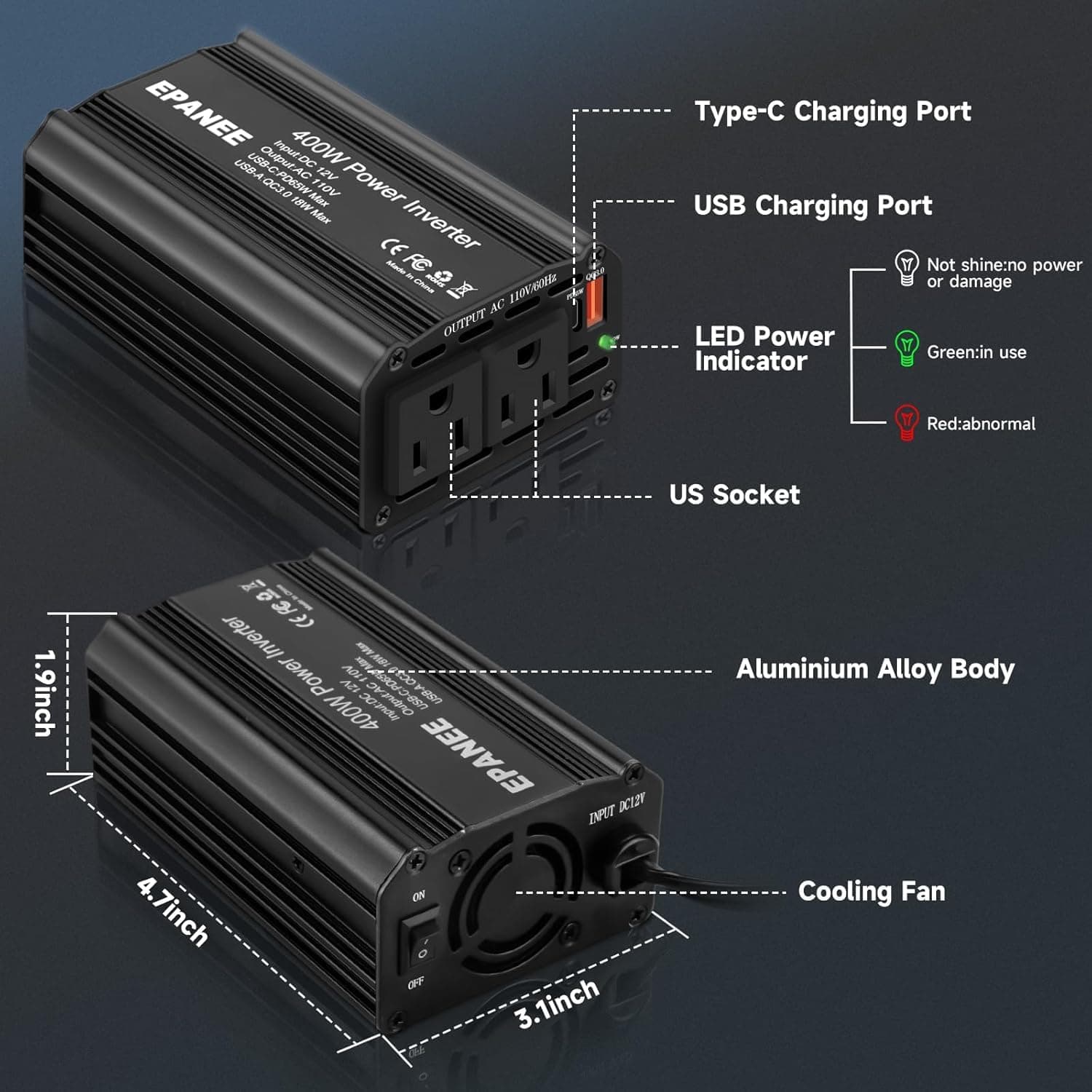 Inversor de corriente de 400W 12V DC a 110V -Negro - Imagen 7