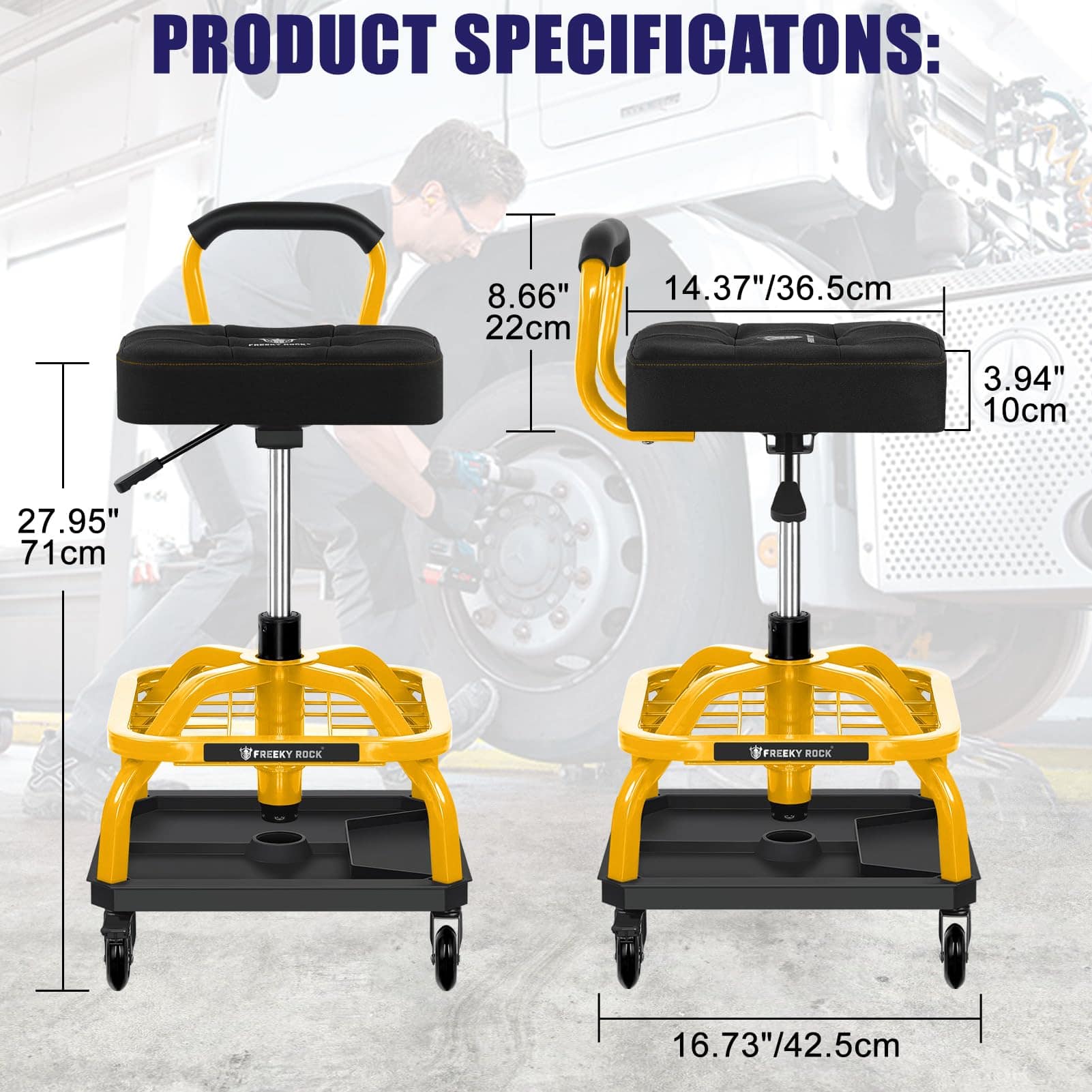 Taburete rodante FREEKYROCK con ruedas, silla de taller - Imagen 8