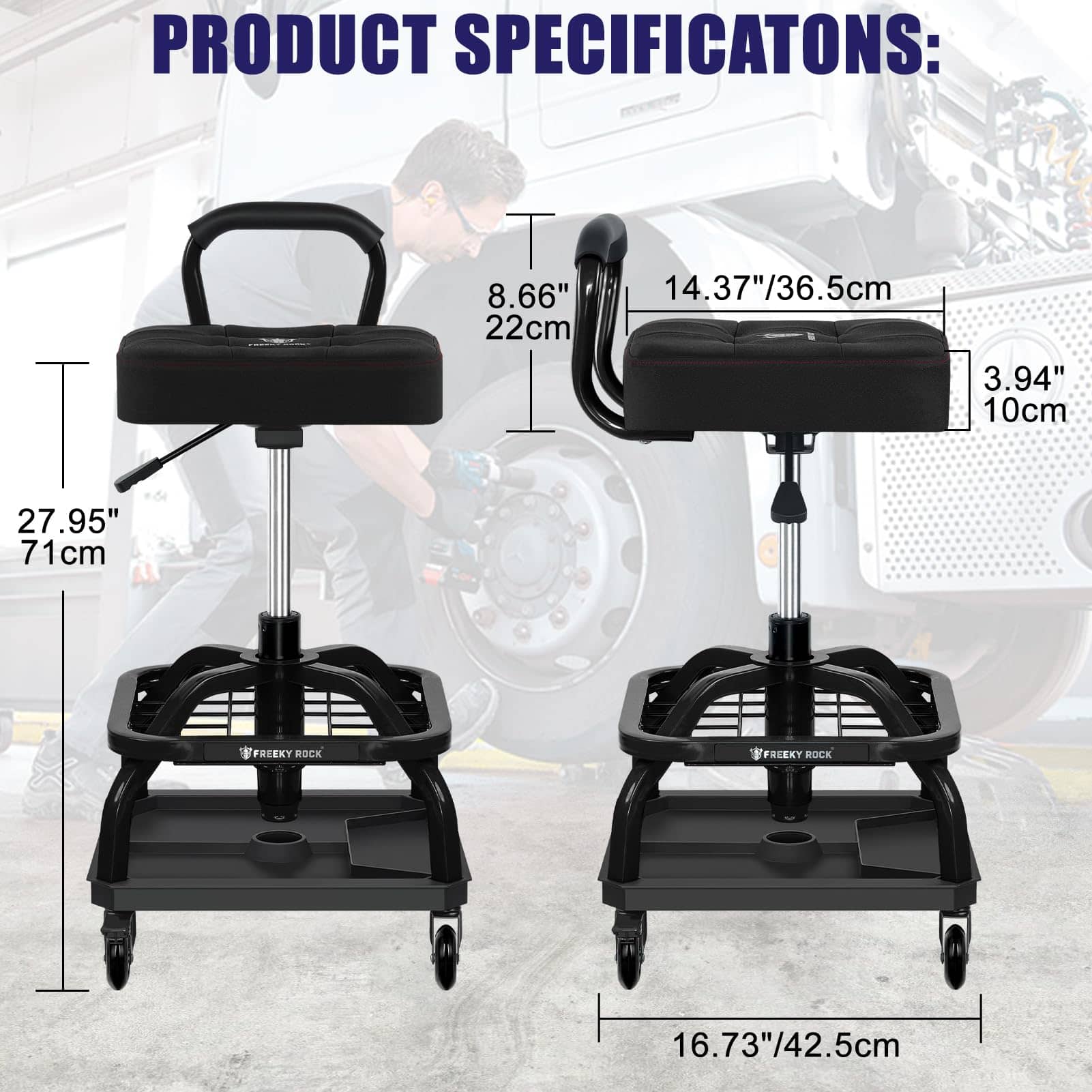 Taburete Rodante FREEKYROCK con Ruedas, Silla -Negro - Imagen 9