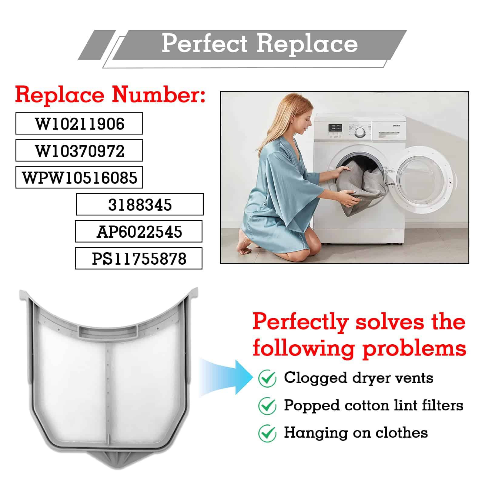 Filtro de pelusas para secadora W10516085, compatible con - Imagen 3