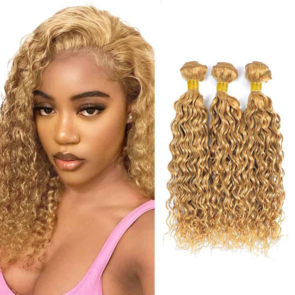 #27 Miel Rubio Paquetes de Cabello Humano Ondas de Agua 18