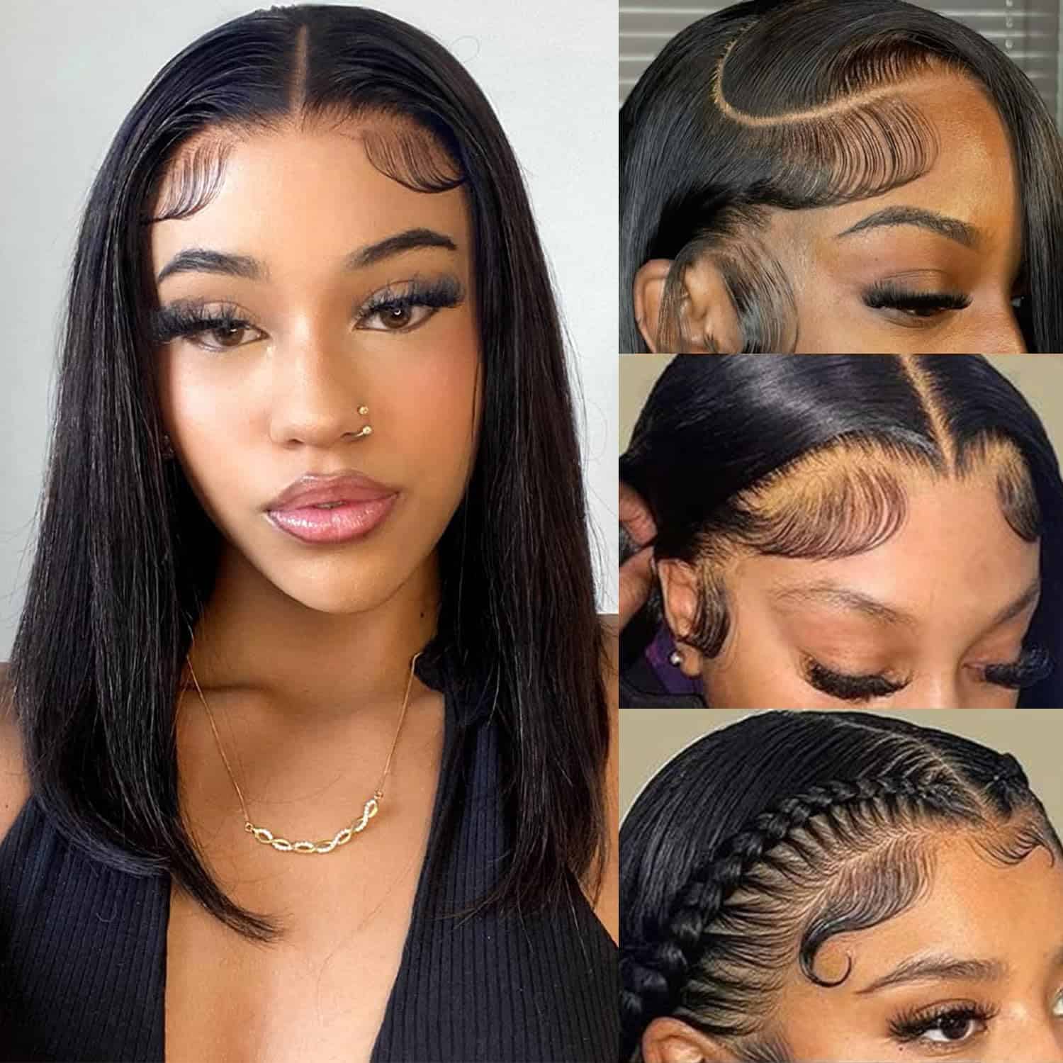 XXGLH Peluca de 14 Pulgadas de Bob de Cabello Humano 13x4