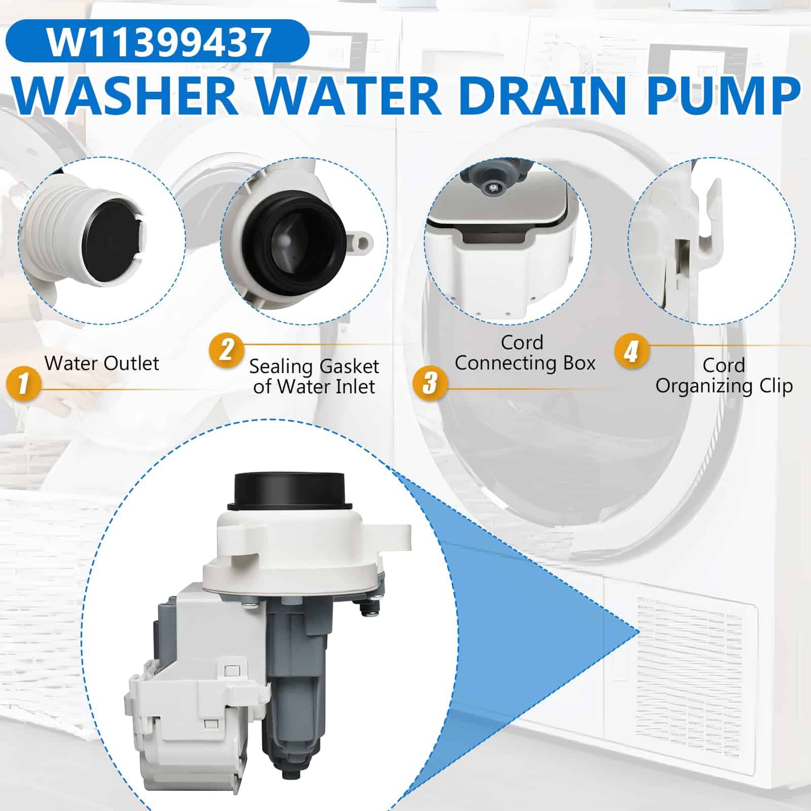 Bomba de desagüe para lavadora W11399437 W11259498 - Imagen 5