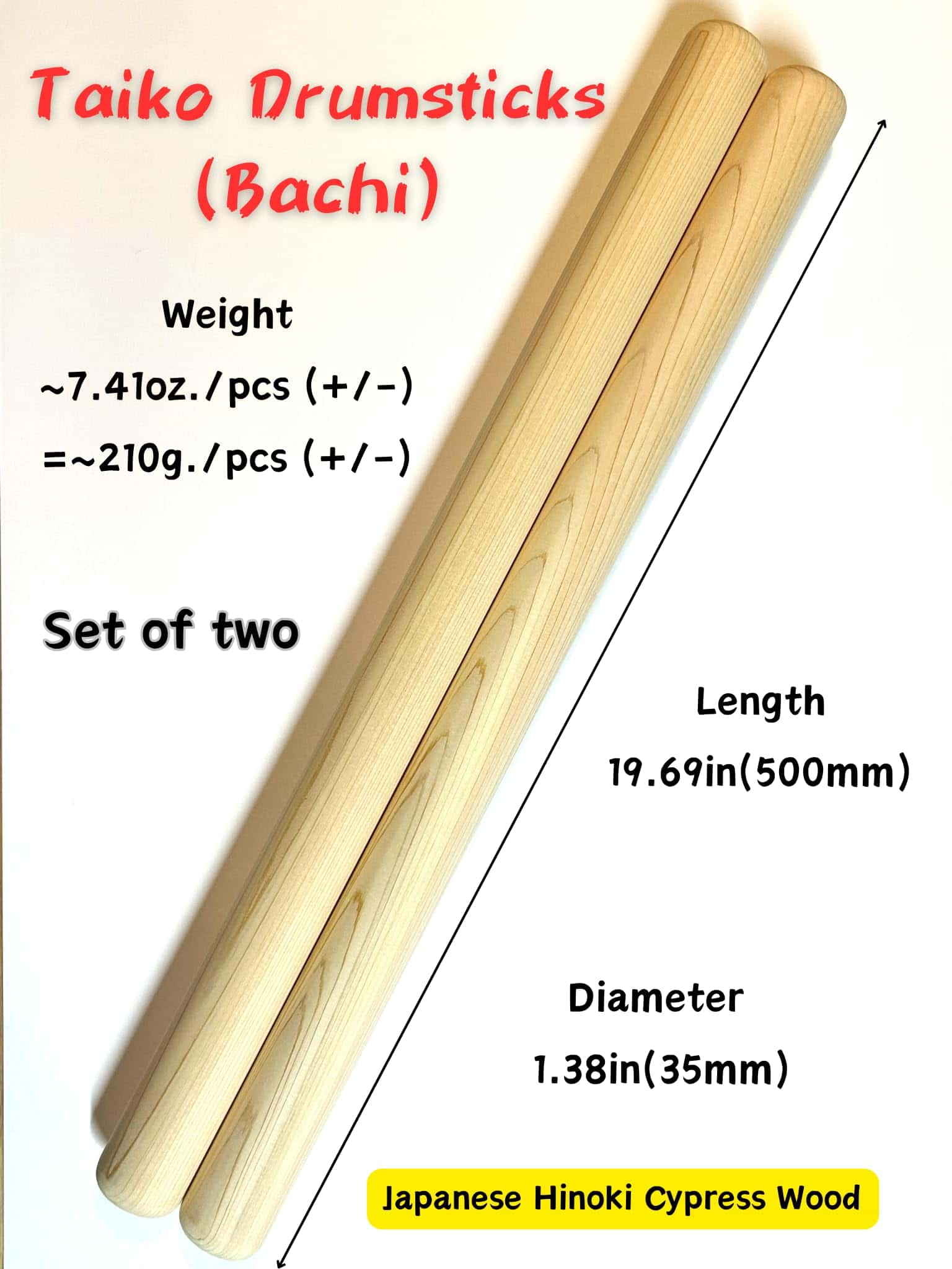 Baquetas de Madera de Hinoki Cypress para Taiko (35mm x - Imagen 3