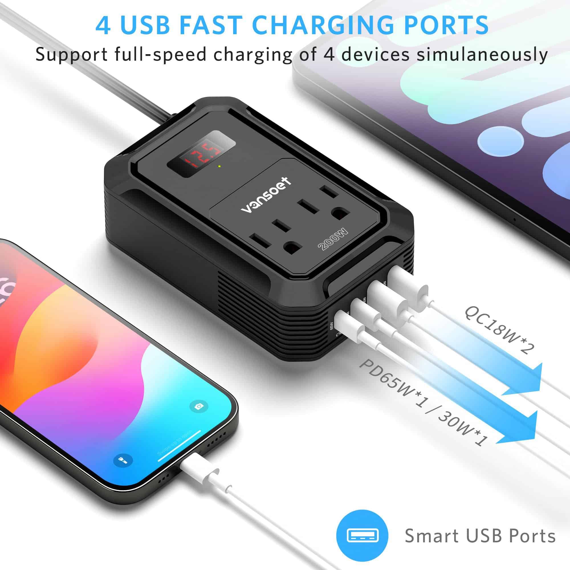 Inversor de Corriente para Automóvil de 200W -Negro - Imagen 7