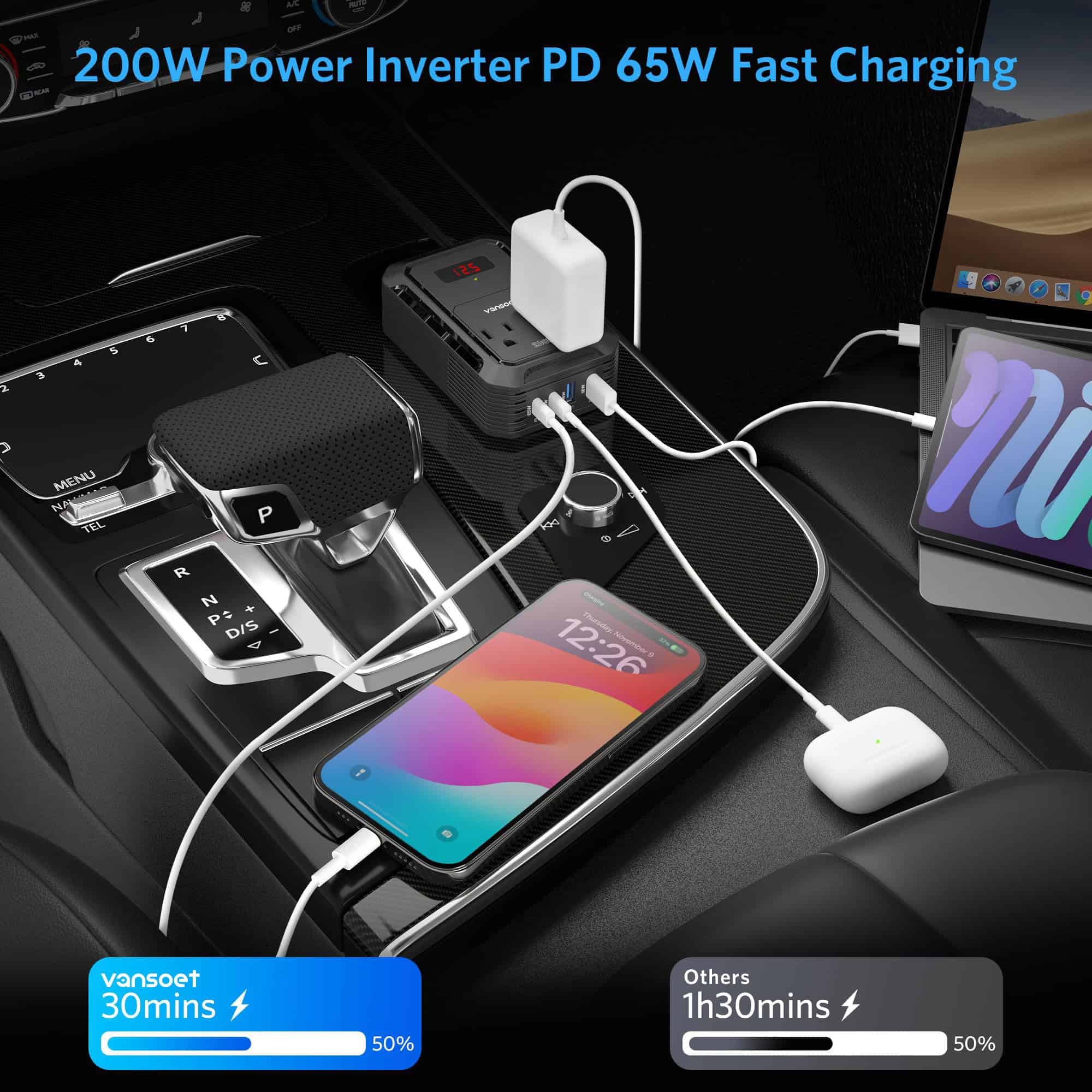 Inversor de Corriente para Automóvil de 200W -Negro - Imagen 10