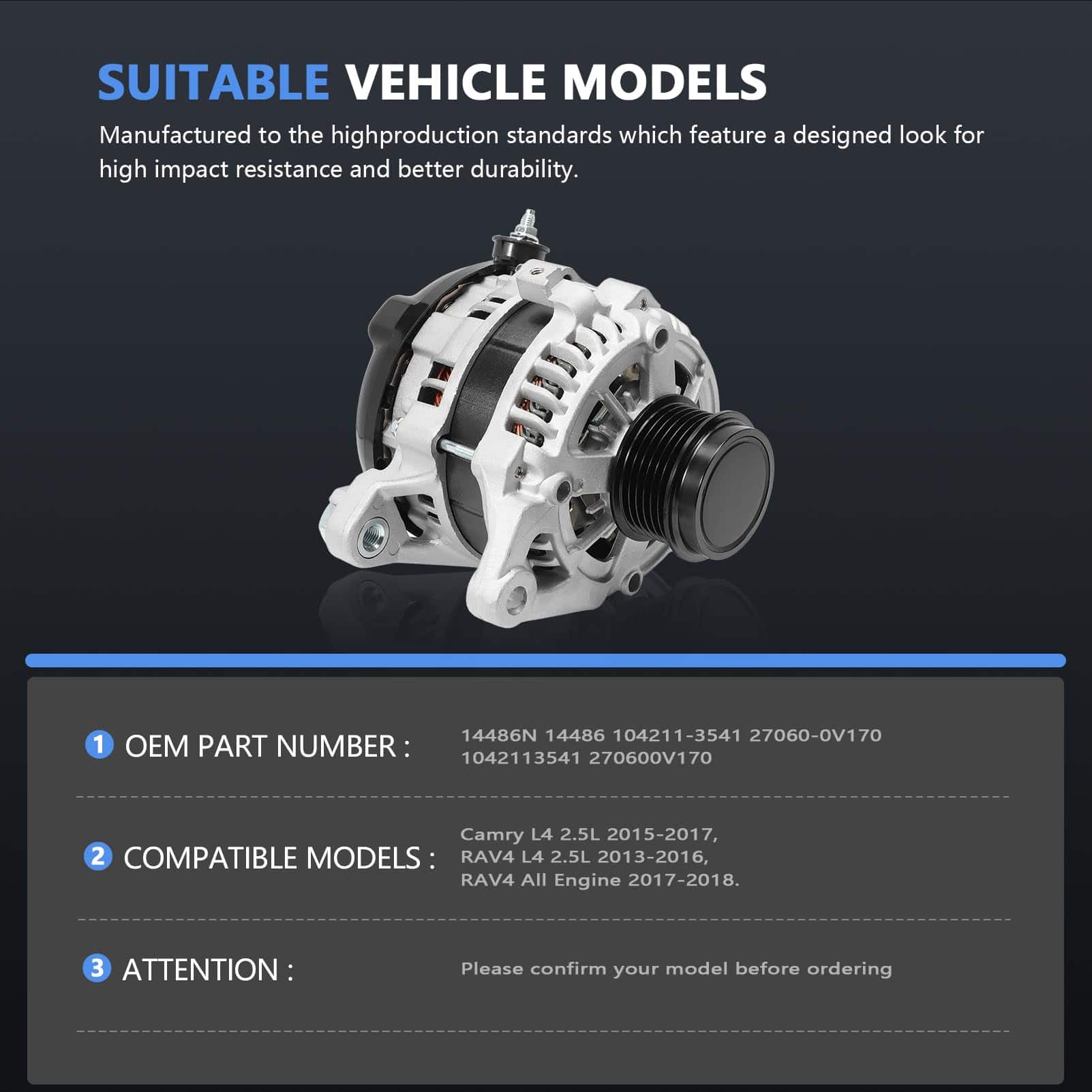 Fraylis 12V 125AMP Alternador Compatible con Camry L4 2.5L - Imagen 6
