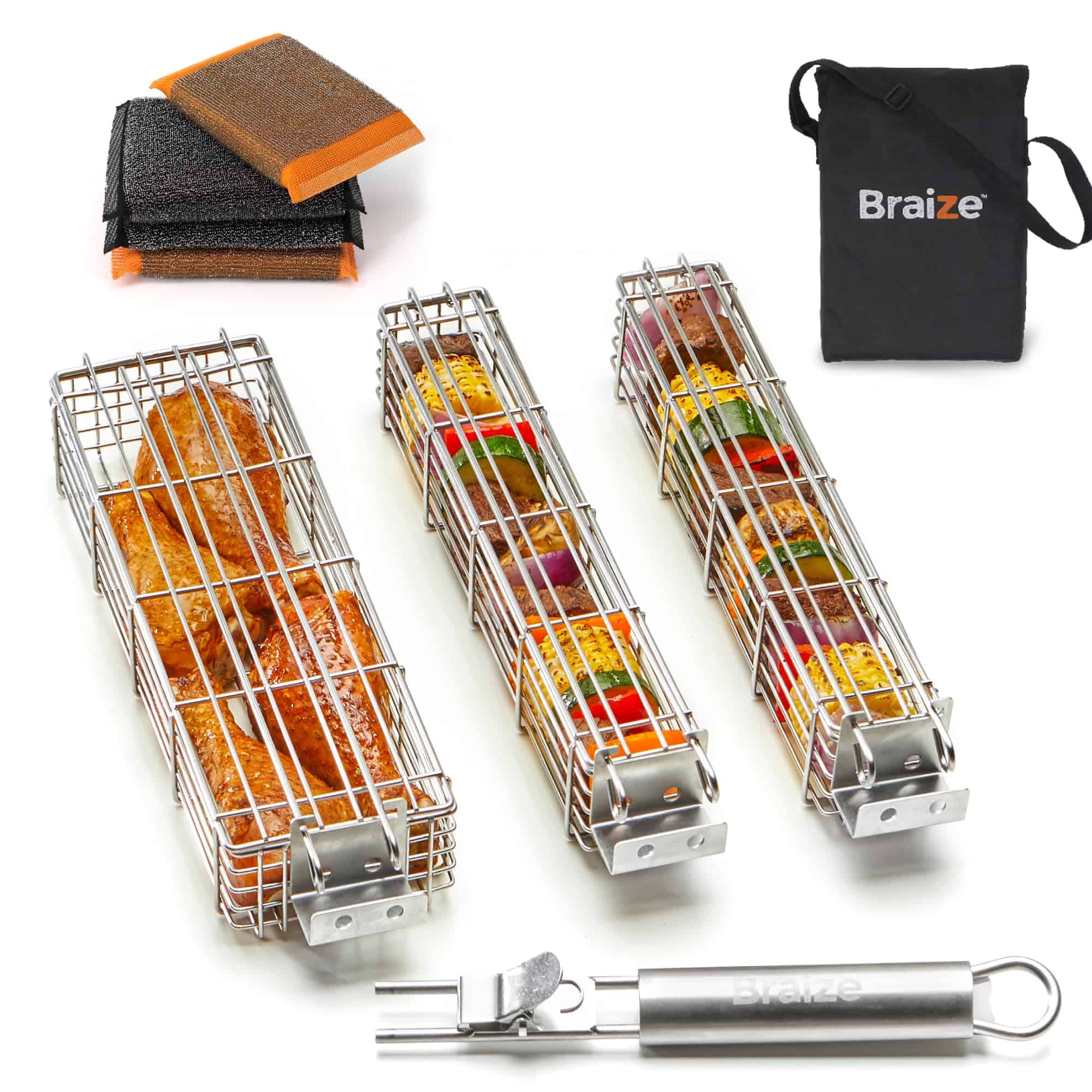 Juego grande de 3 cestas para parrilla de kabobs con mango