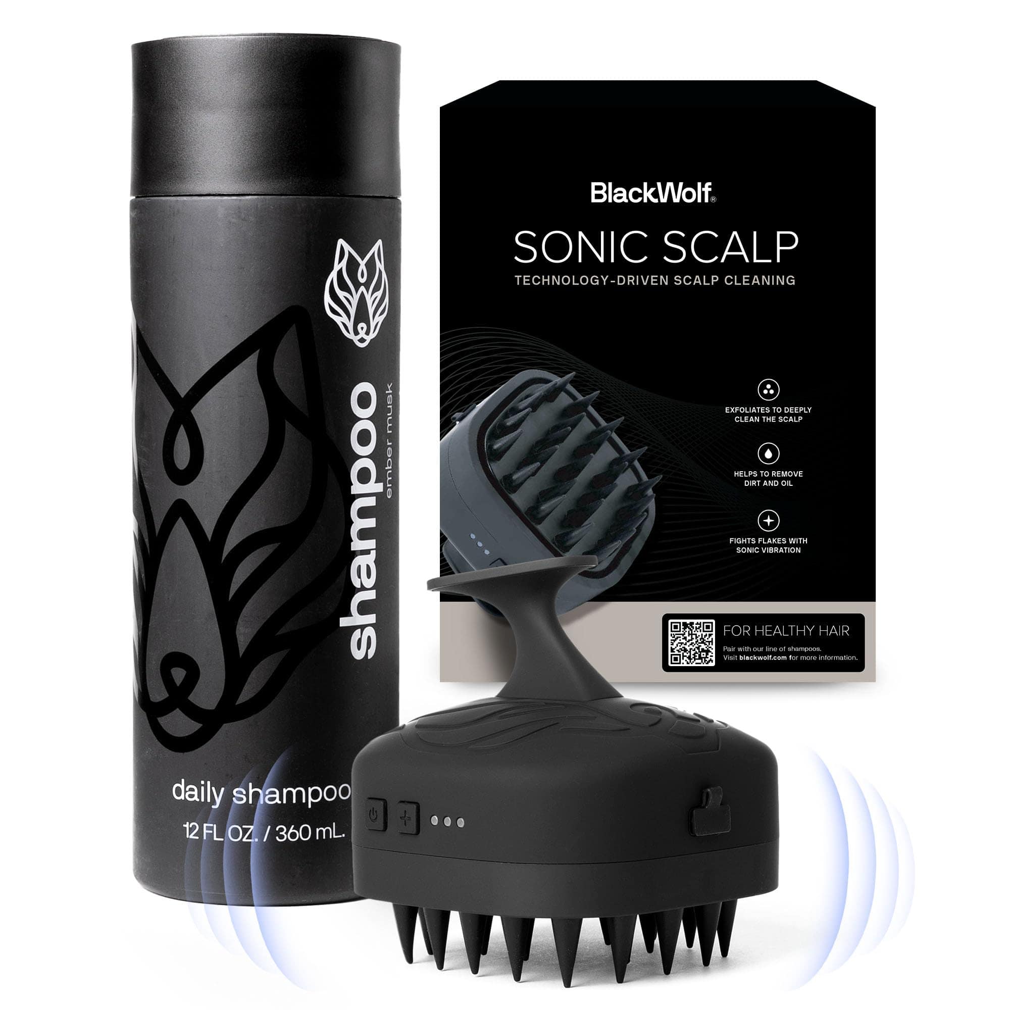 Black Wolf Sonic Scalp Massager & Mens Shampoo Bundle -