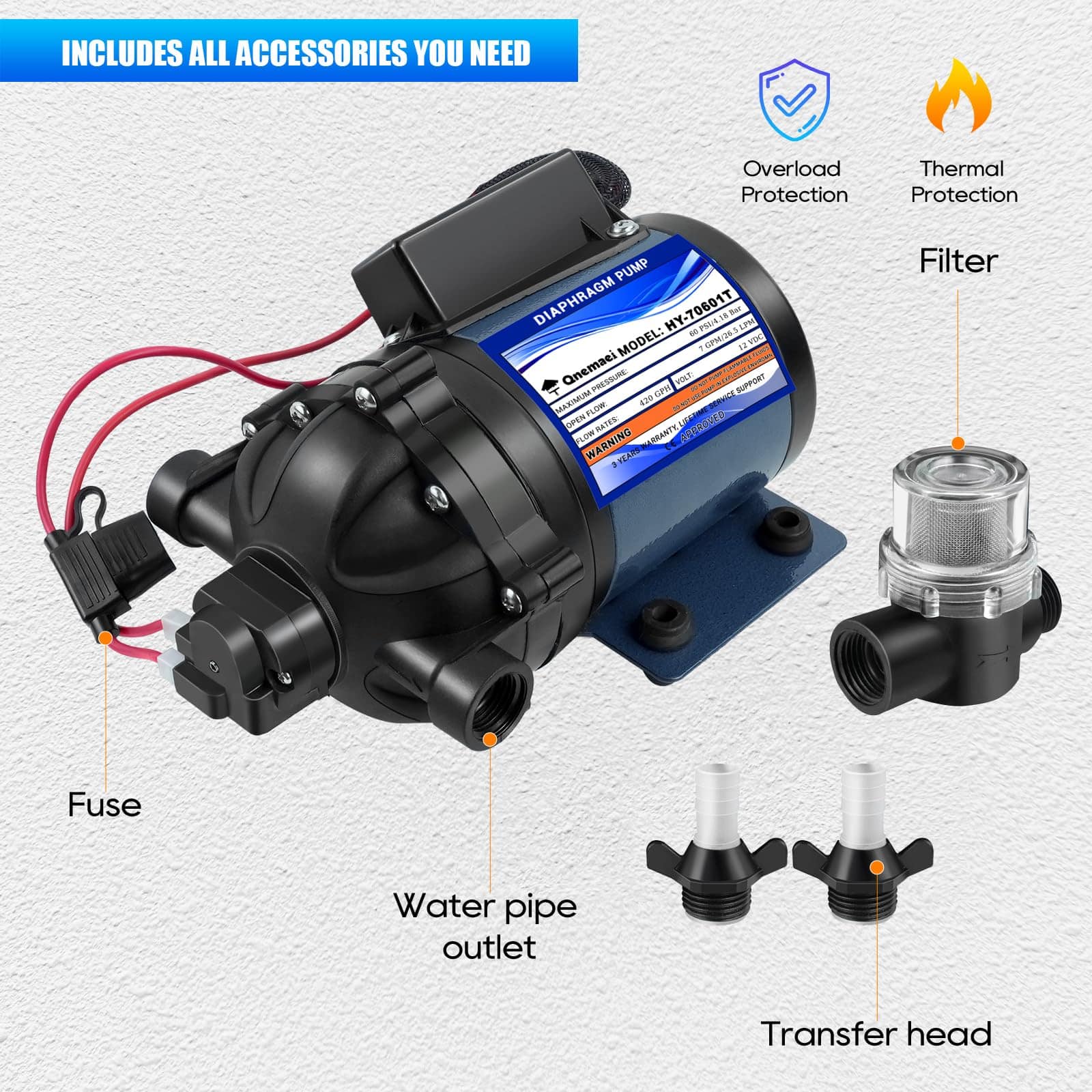 Bomba de agua para RV de 12V, 7GPM 60 PSI con 1/2" FNPT, - Imagen 5