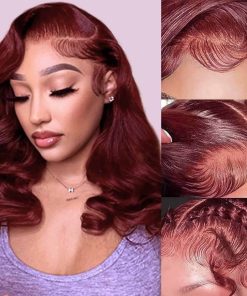 Peluca Bob Ondulado de Cuerpo de Cabello Humano Rojiza 13x4