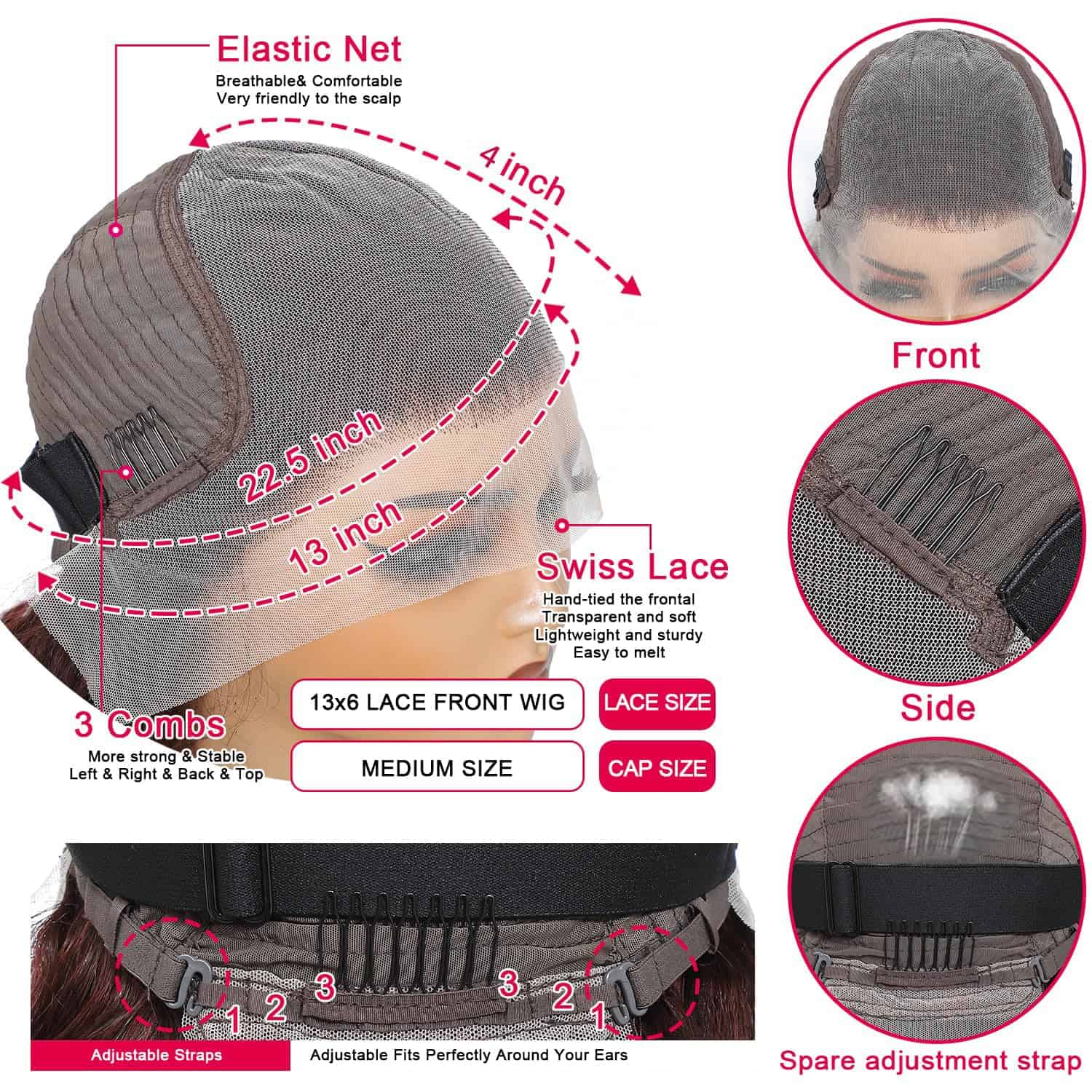 Peluca Bob Ondulado de Cuerpo de Cabello Humano Rojiza 13x4 - Imagen 5