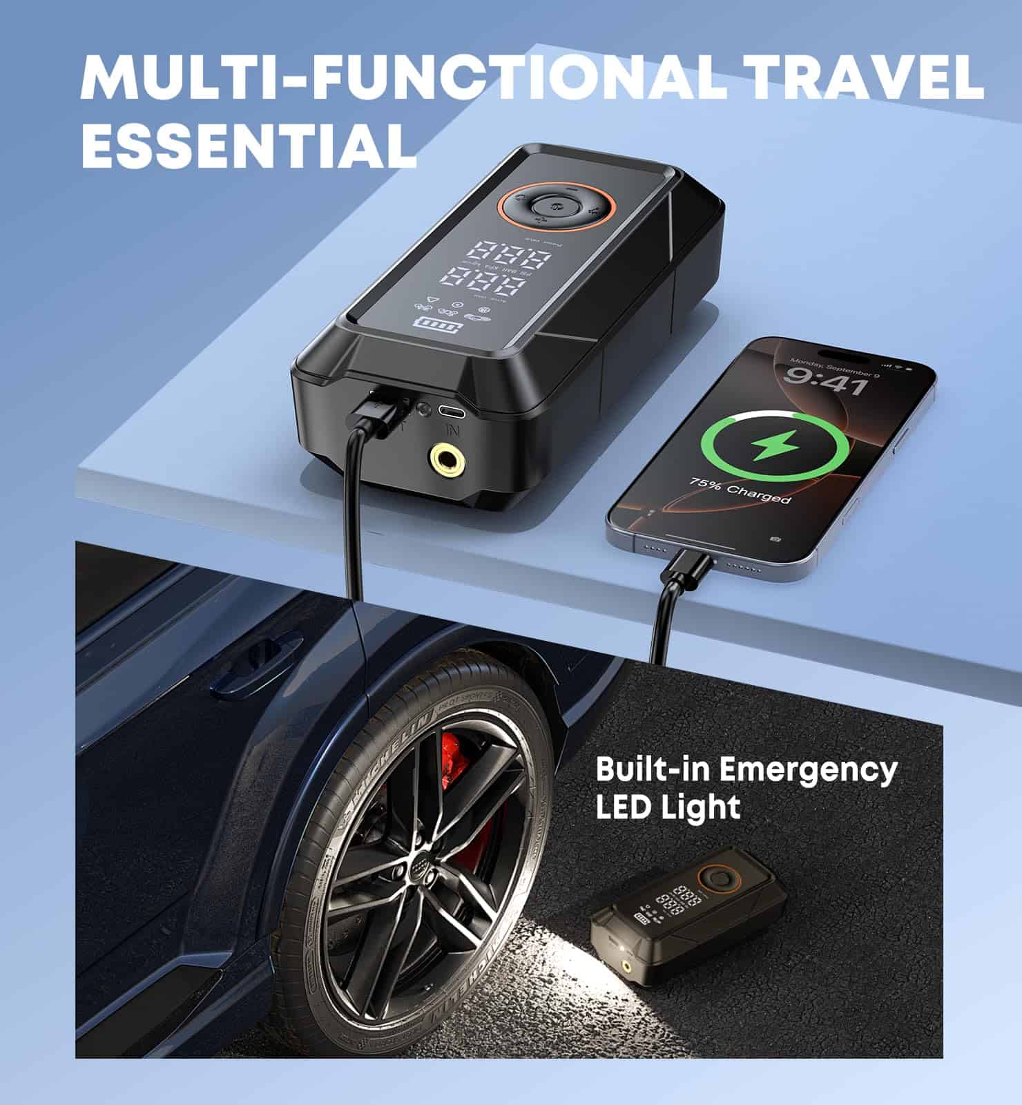 Inflador de Neumáticos Compresor de Aire Portátil 160PSI 5X - Imagen 7