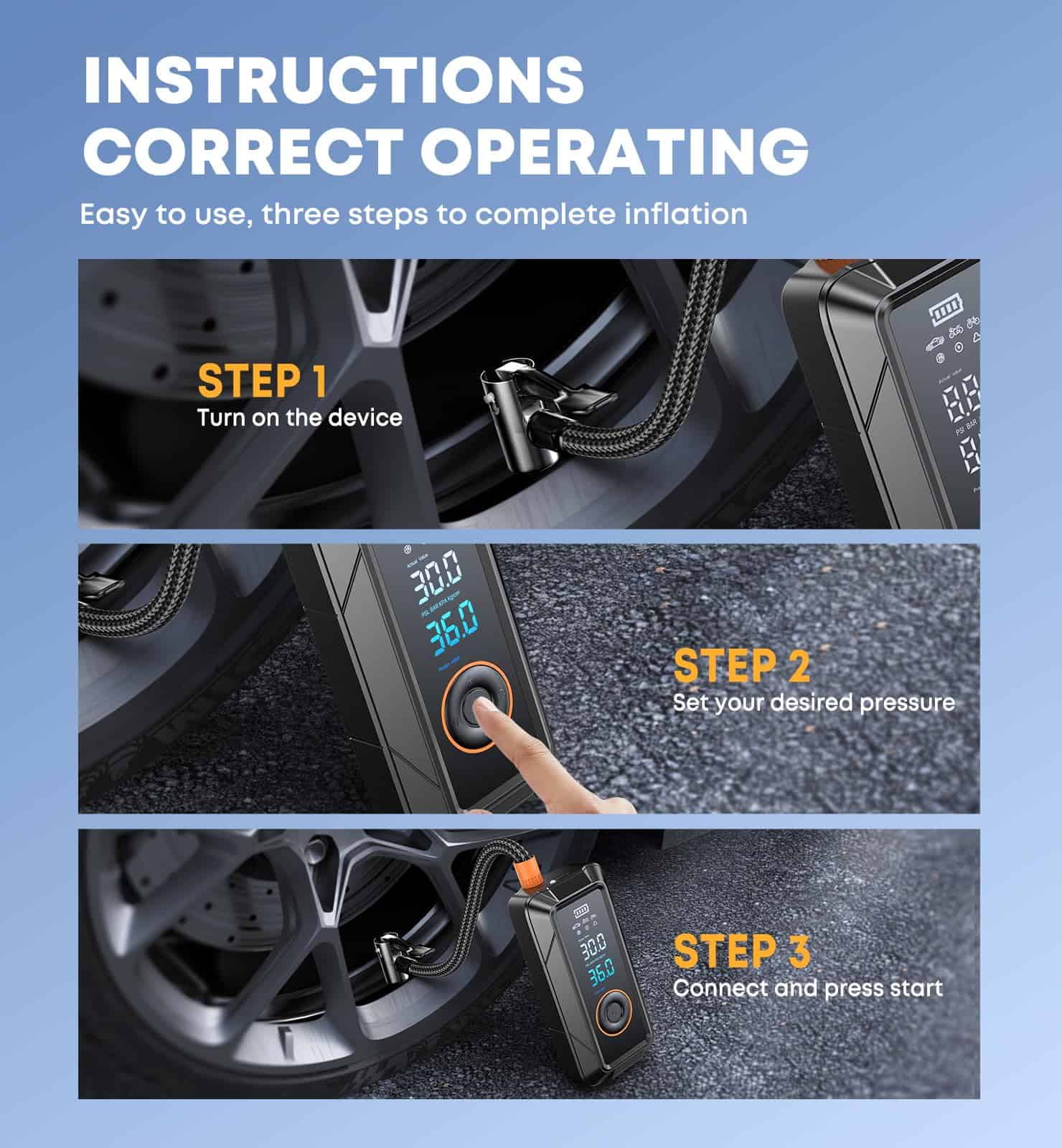Inflador de Neumáticos Compresor de Aire Portátil 160PSI 5X - Imagen 8