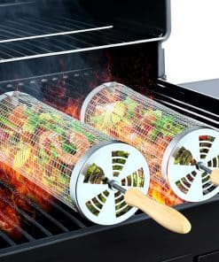 Cesta de parrilla rodante (2 piezas), mango de madera