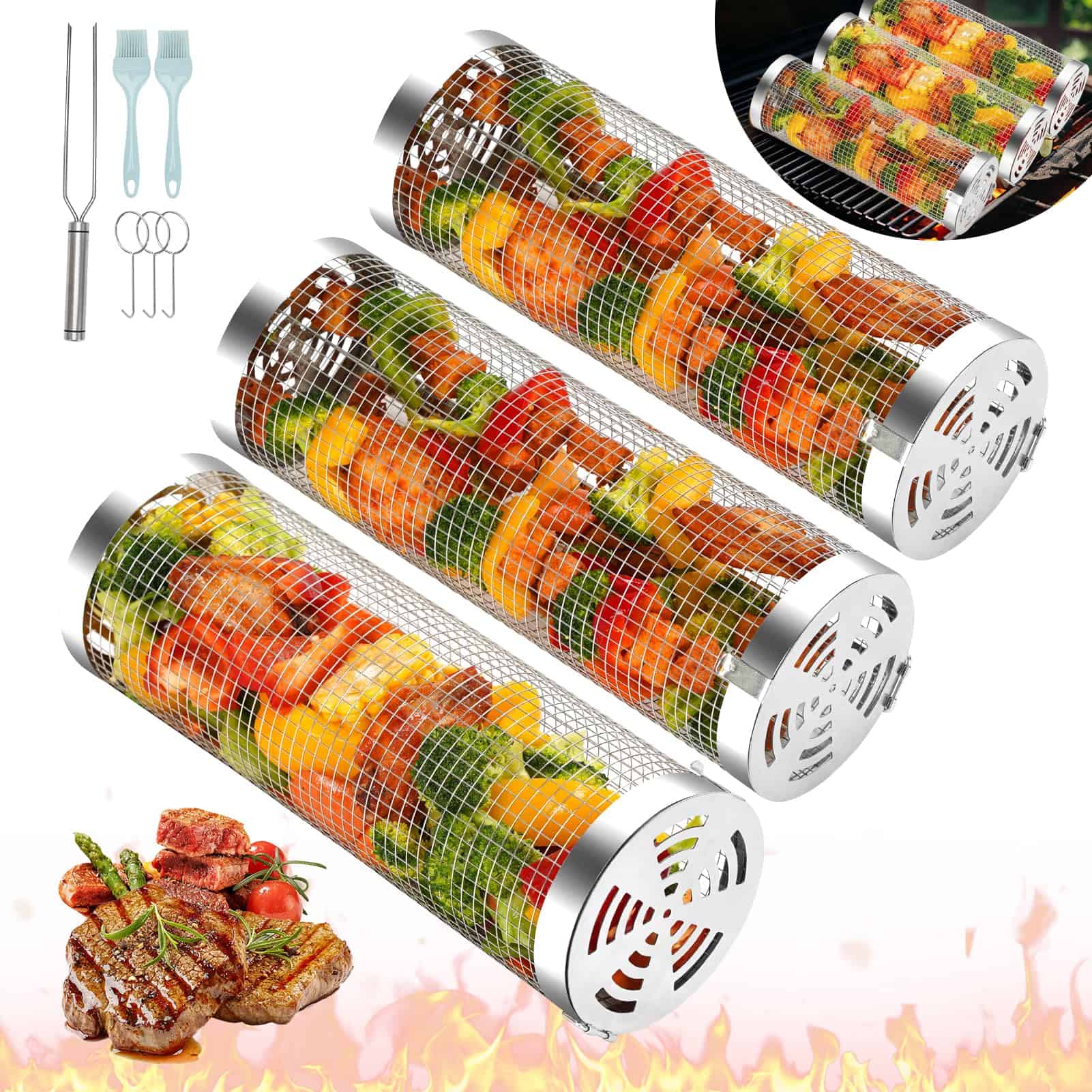 3pcs Rolling Grill Baskets, Grill Veggie Basket, BBQ - Imagen 3