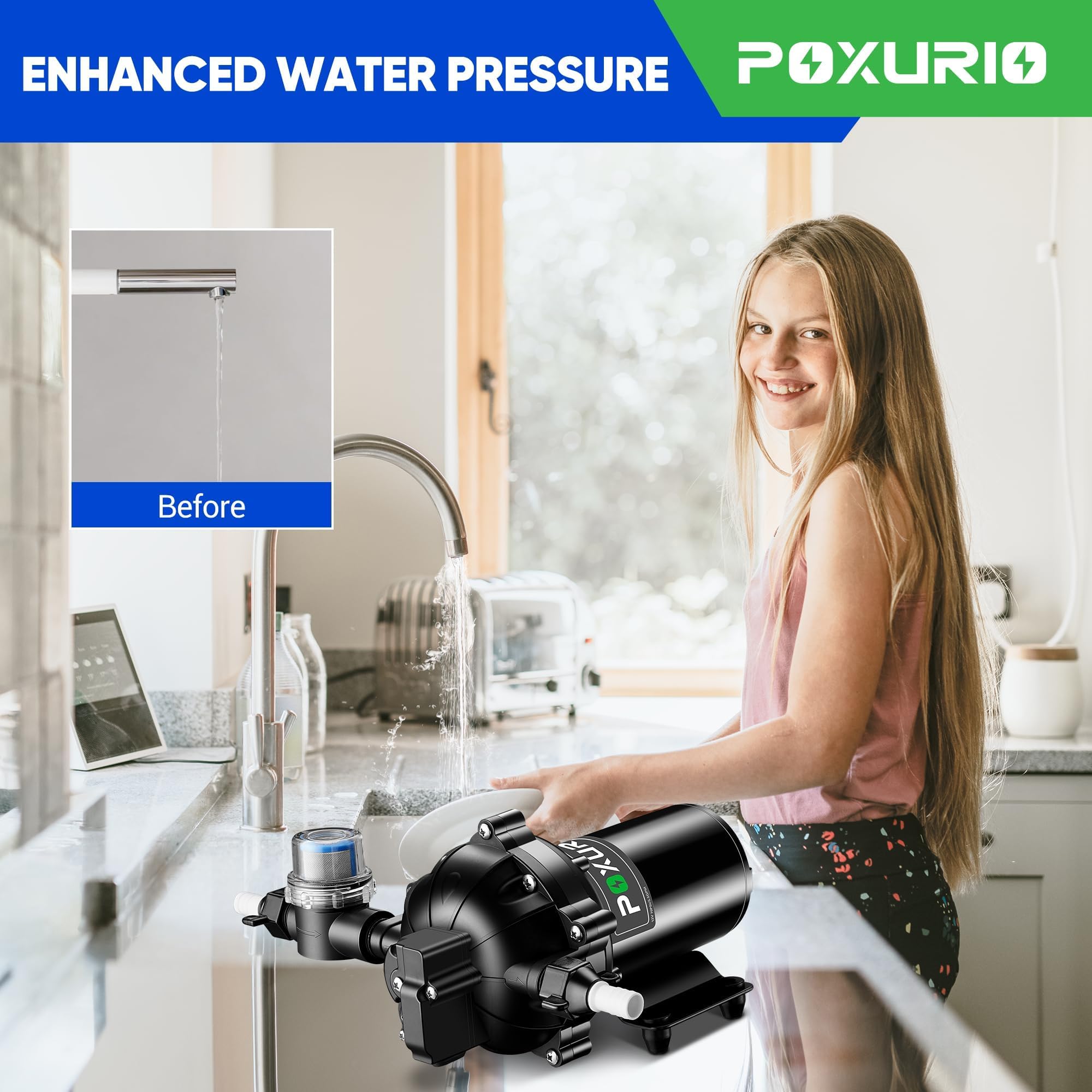 Bomba de agua para RV POXURIO 7GPM, 70 PSI 12V DC, - Imagen 4