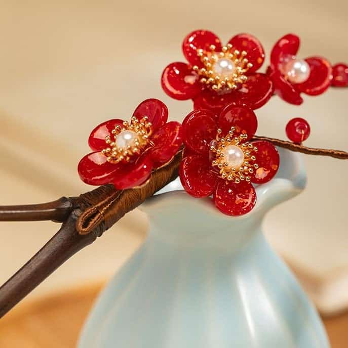 Rabithenn Pinza para el Cabello Flor de Camelia Roja con - Imagen 6