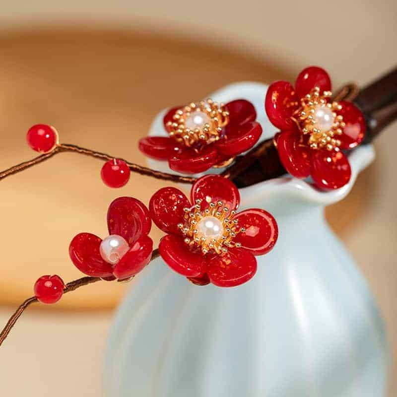 Rabithenn Pinza para el Cabello Flor de Camelia Roja con - Imagen 4