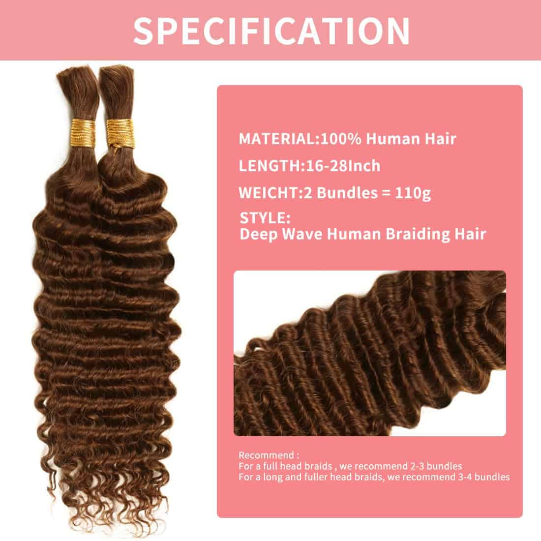 Cabello de Trenzado Humano Color Chocolate Marrón para - Imagen 4