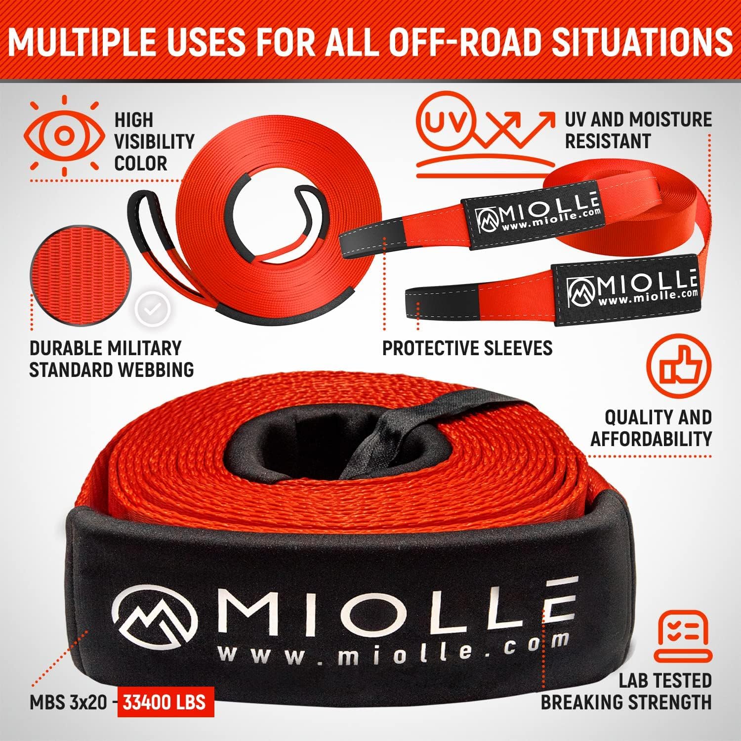 MiolleGear Tow Strap 3�x20�- 33400lbs MBS Kit de Correa de - Imagen 3
