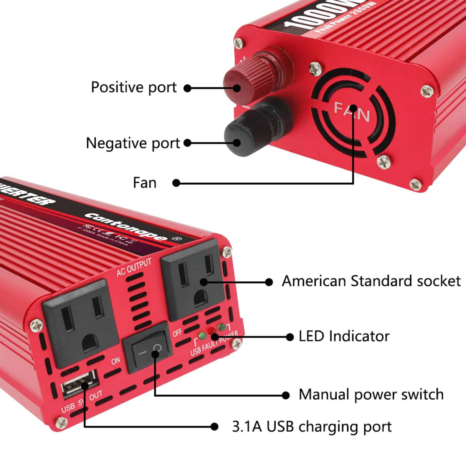 Cantonape 1000W/2000W(Peak) Convertidor de corriente DC 12V - Imagen 3