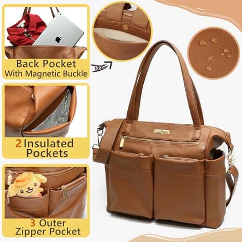 Bolso de pañales tote de cuero para mujeres con organizador - Imagen 5