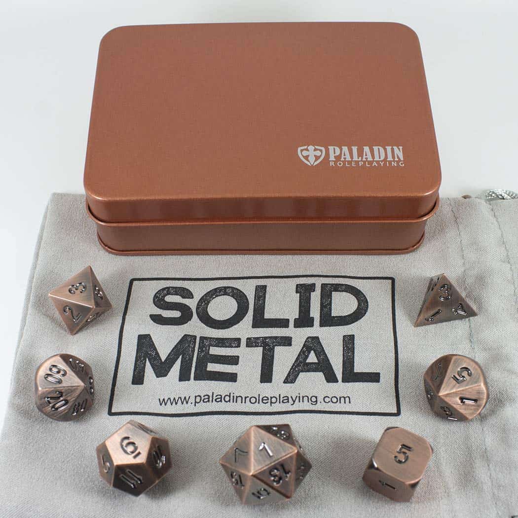 Juego Completo de Dados de Metal Bronce en Caja de Regalo