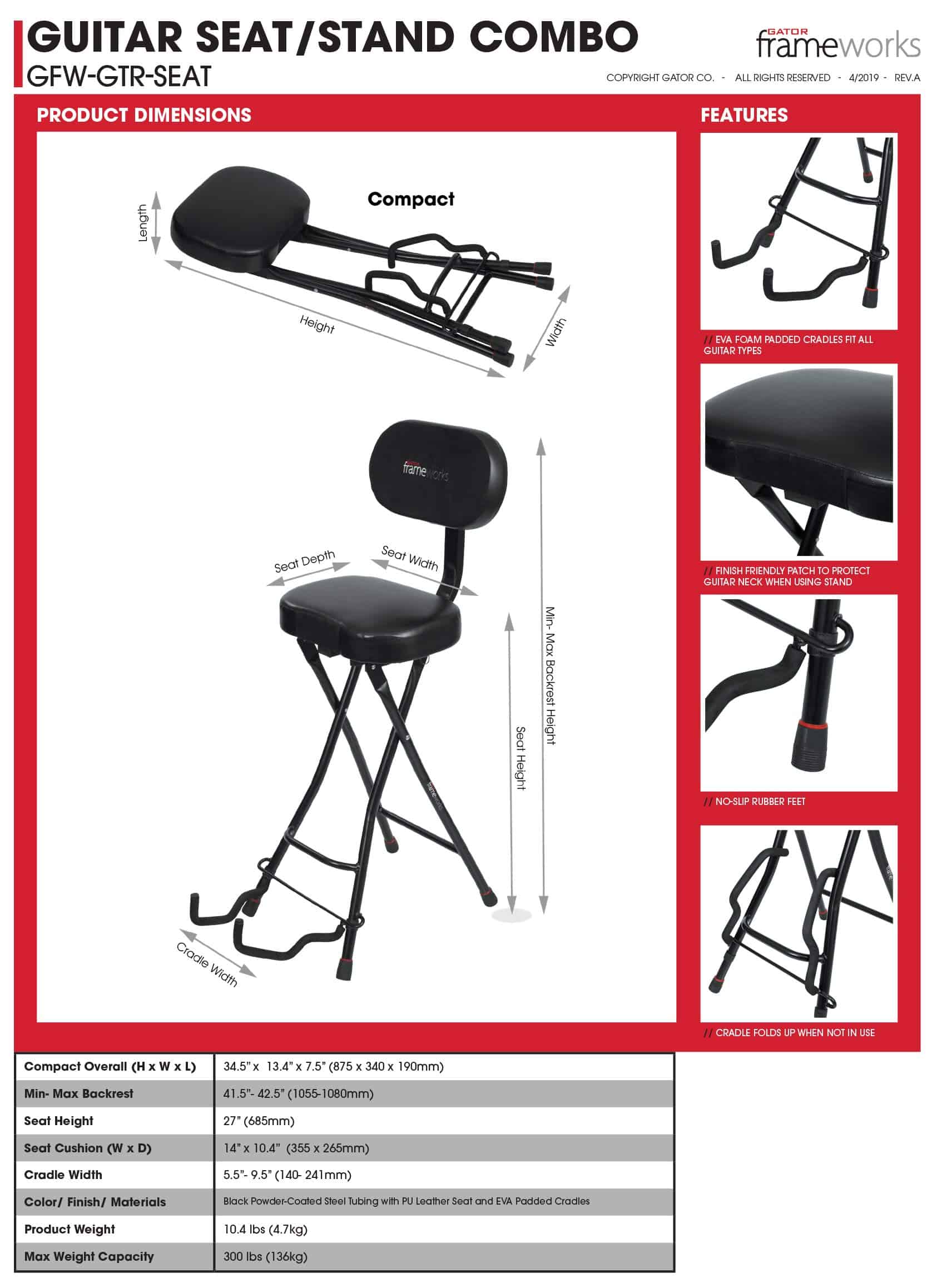 Asiento para Guitarra Gator Frameworks con Cojín Acolchado, - Imagen 7