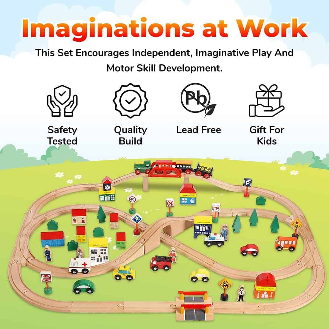 Set de Tren de Madera On Track USA de 100 Piezas Todo en - Imagen 3