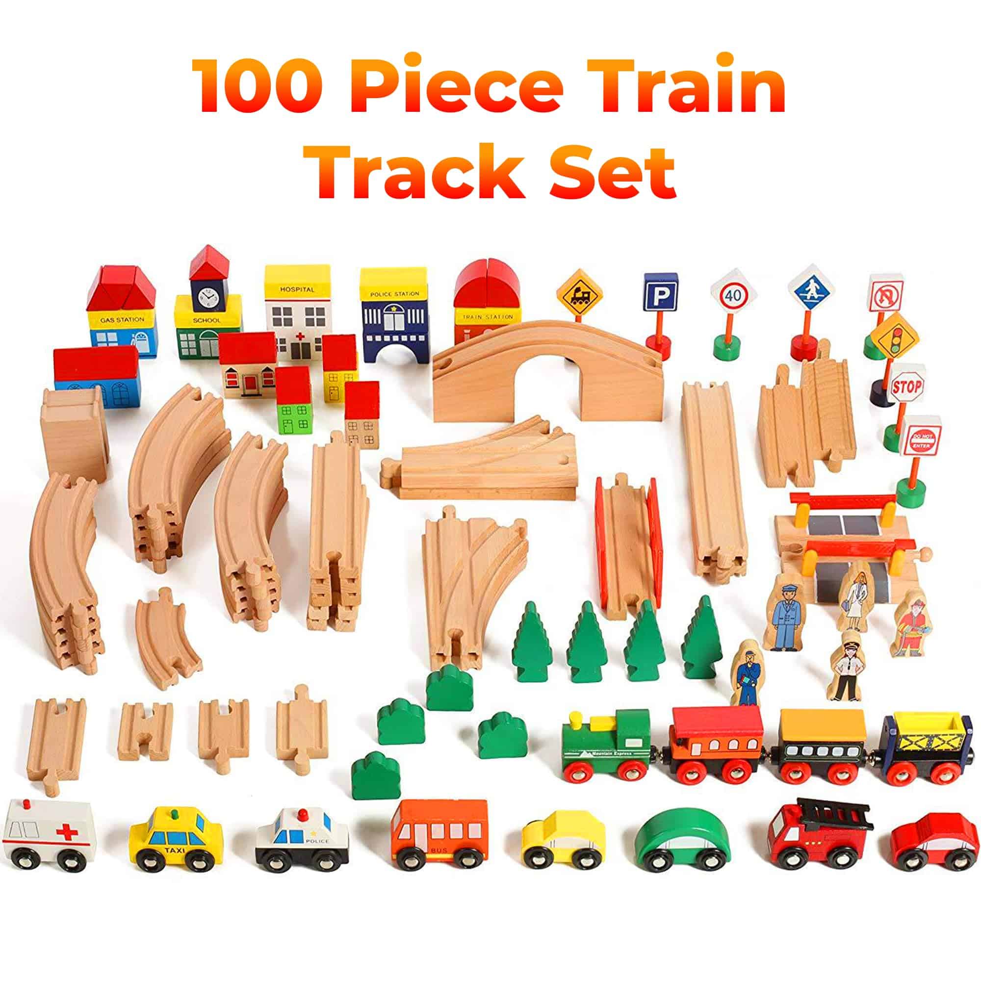 Set de Tren de Madera On Track USA de 100 Piezas Todo en - Imagen 4