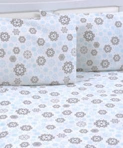Juego de Sábanas de Franela de Algodón -Azul, Gris con Copos