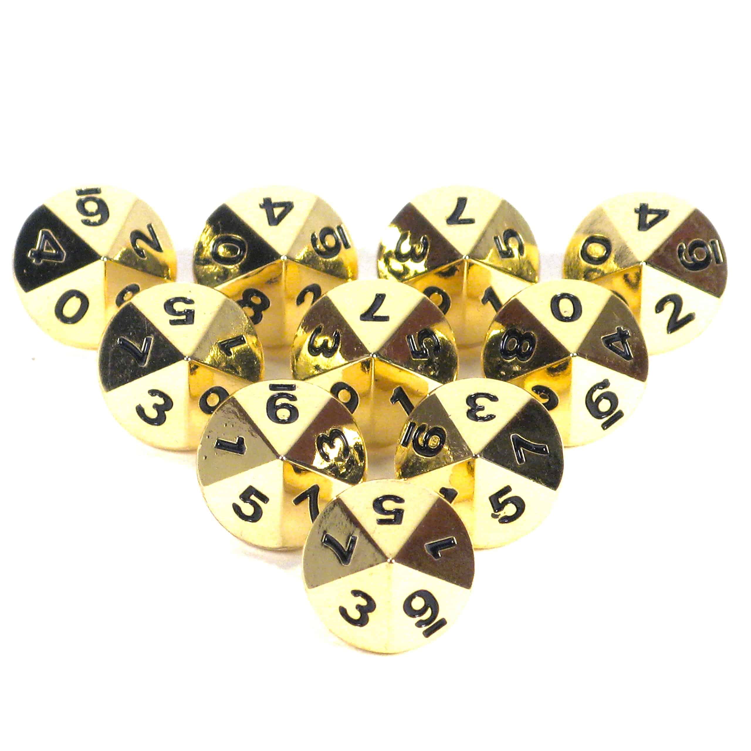Set de 10 dados poliédricos de metal sólido dorado de 10