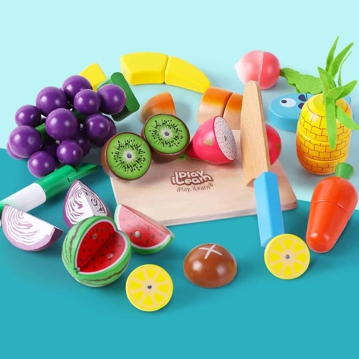 iPlay, iLearn Juguete de Comida de Madera, Niños Cortando - Imagen 3