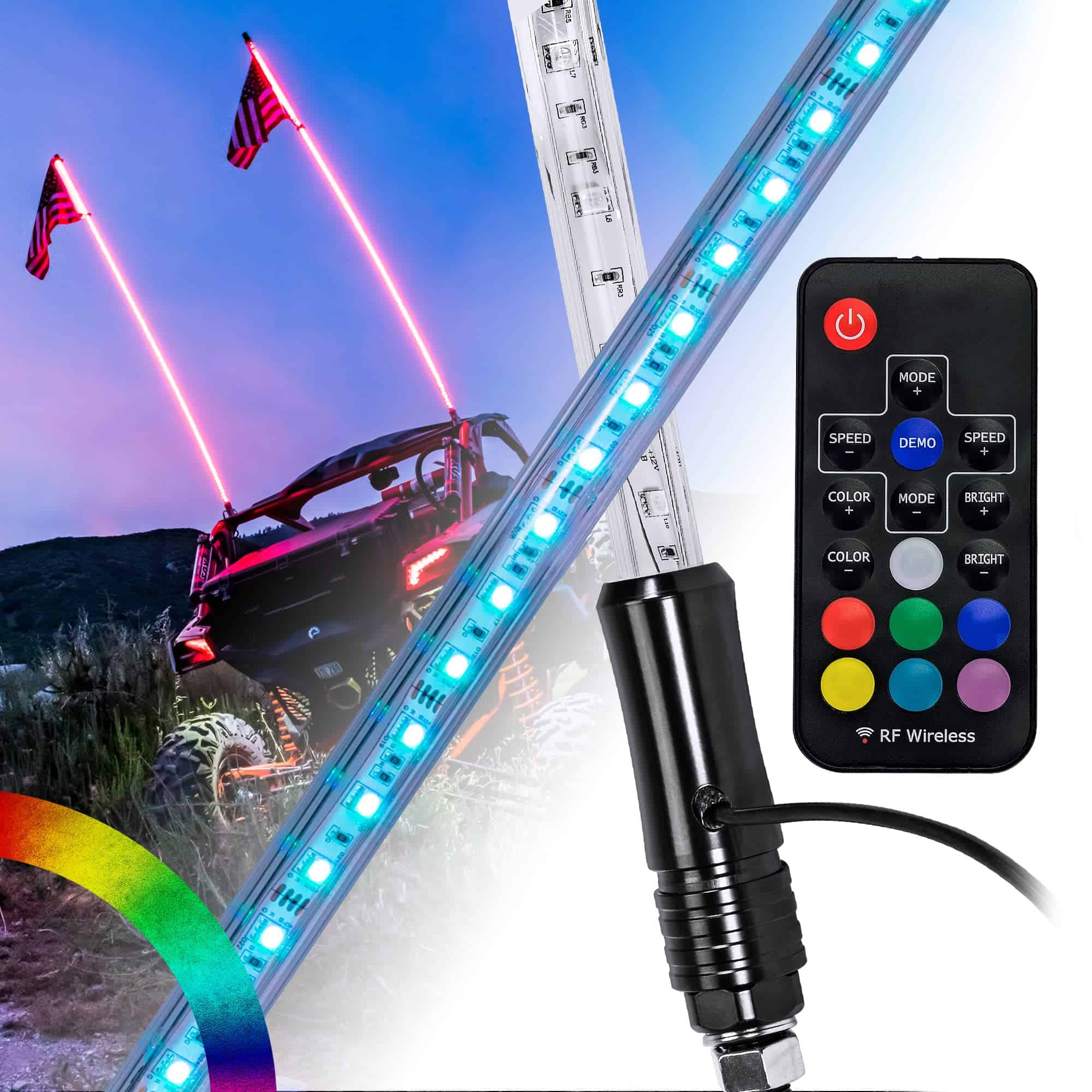 True Mods 2pc 4ft RGB LED Whip Light para UTV ATV [Control