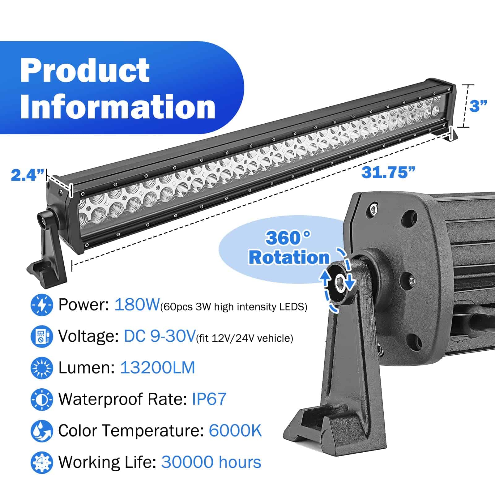 Barra de luces LED recta de 32 pulgadas 180W con haz - Imagen 3