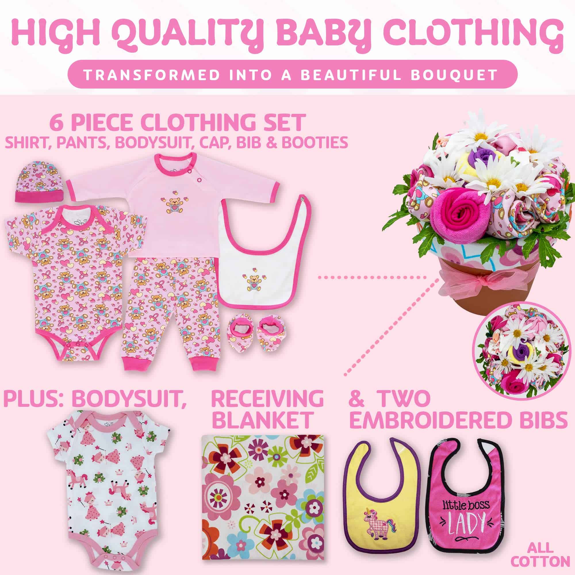 Ramo de Ropa de Bebé con Forma de Flores, Cesta de Regalo - Imagen 3
