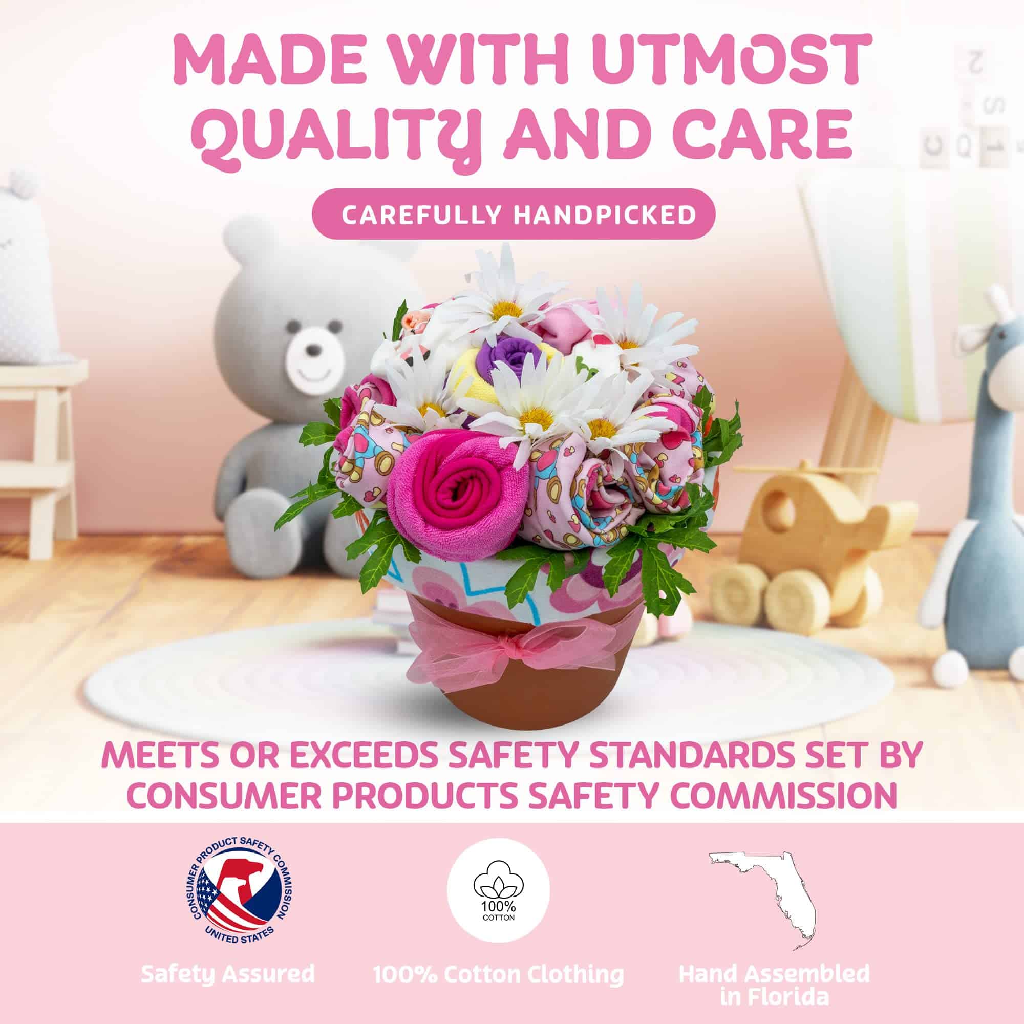 Ramo de Ropa de Bebé con Forma de Flores, Cesta de Regalo - Imagen 5